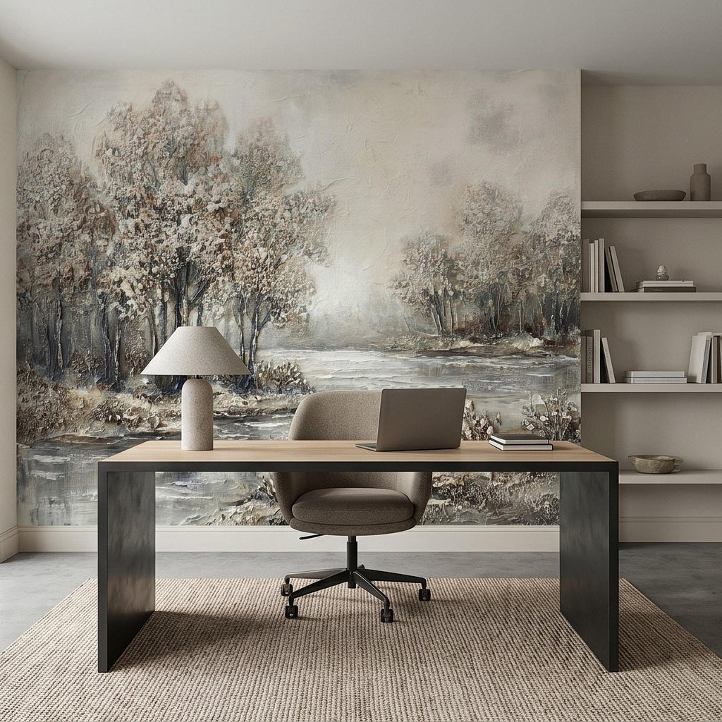 Neutral Textured Tree Landscape Peel and Stick Wall Mural, Impasto Oil Painting Riverbank Gray Beige Woodland Scene Modern Minimal Wallpaper