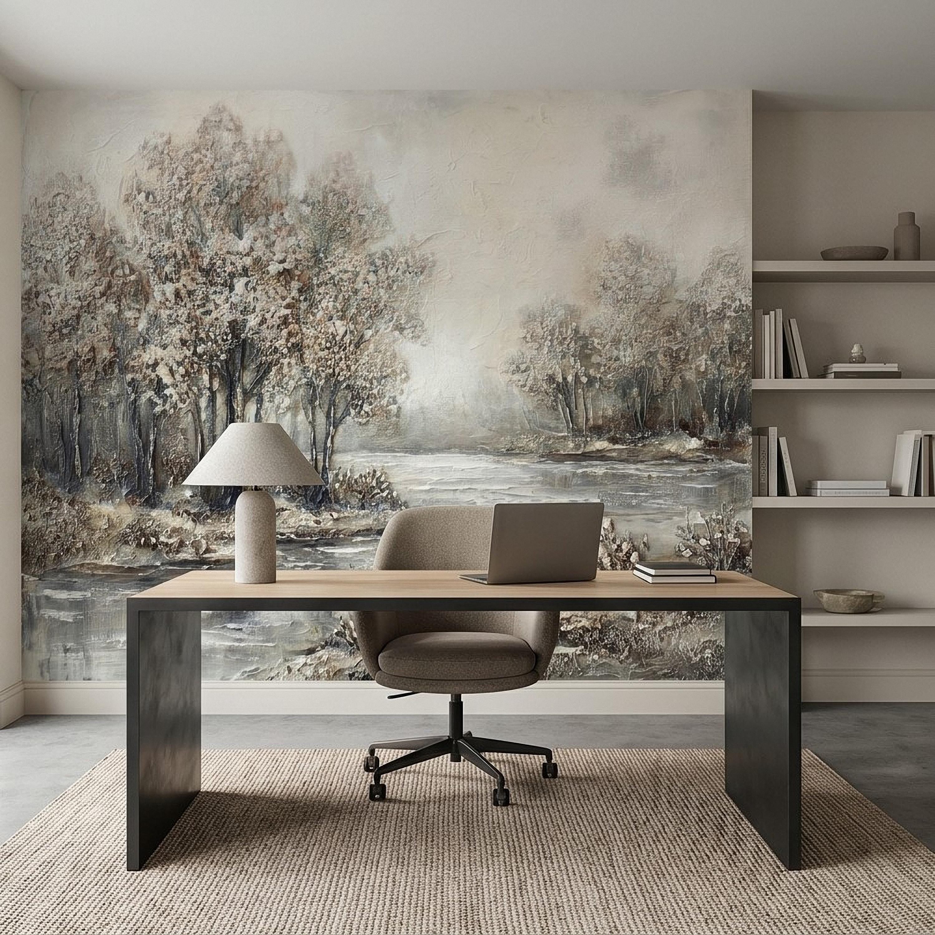 Neutral Textured Tree Landscape Peel and Stick Wall Mural, Impasto Oil Painting Riverbank Gray Beige Woodland Scene Modern Minimal Wallpaper