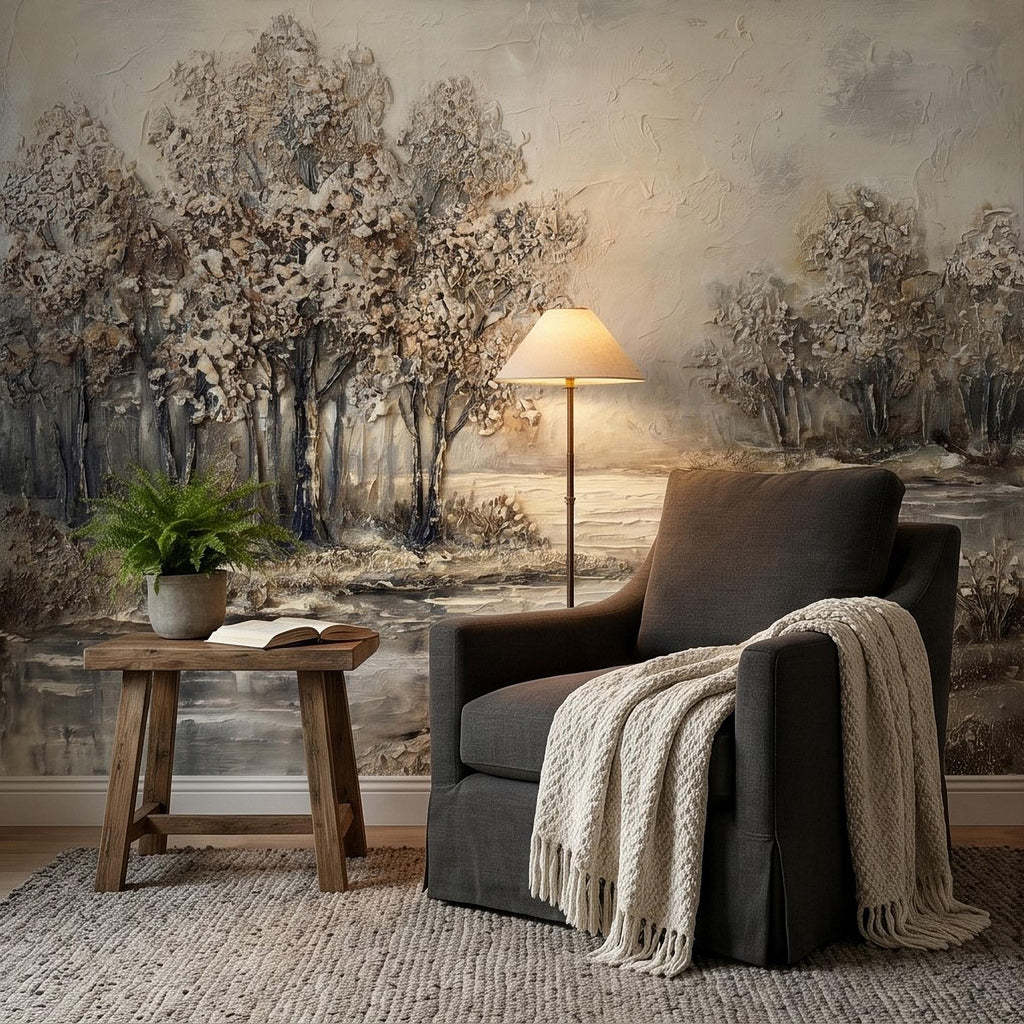 Neutral Textured Tree Landscape Peel and Stick Wall Mural, Impasto Oil Painting Riverbank Gray Beige Woodland Scene Modern Minimal Wallpaper