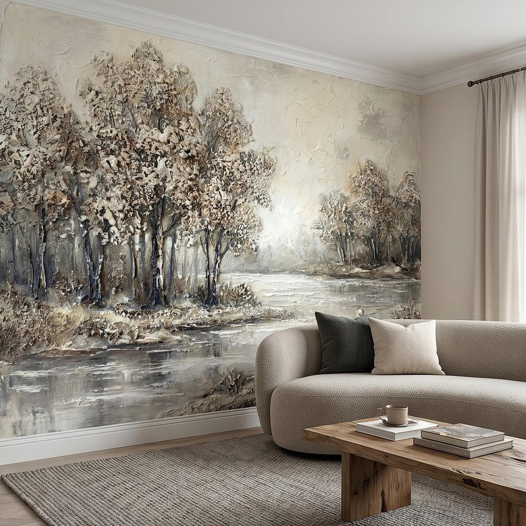 Neutral Textured Tree Landscape Peel and Stick Wall Mural, Impasto Oil Painting Riverbank Gray Beige Woodland Scene Modern Minimal Wallpaper