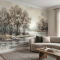 Neutral Textured Tree Landscape Peel and Stick Wall Mural, Impasto Oil Painting Riverbank Gray Beige Woodland Scene Modern Minimal Wallpaper