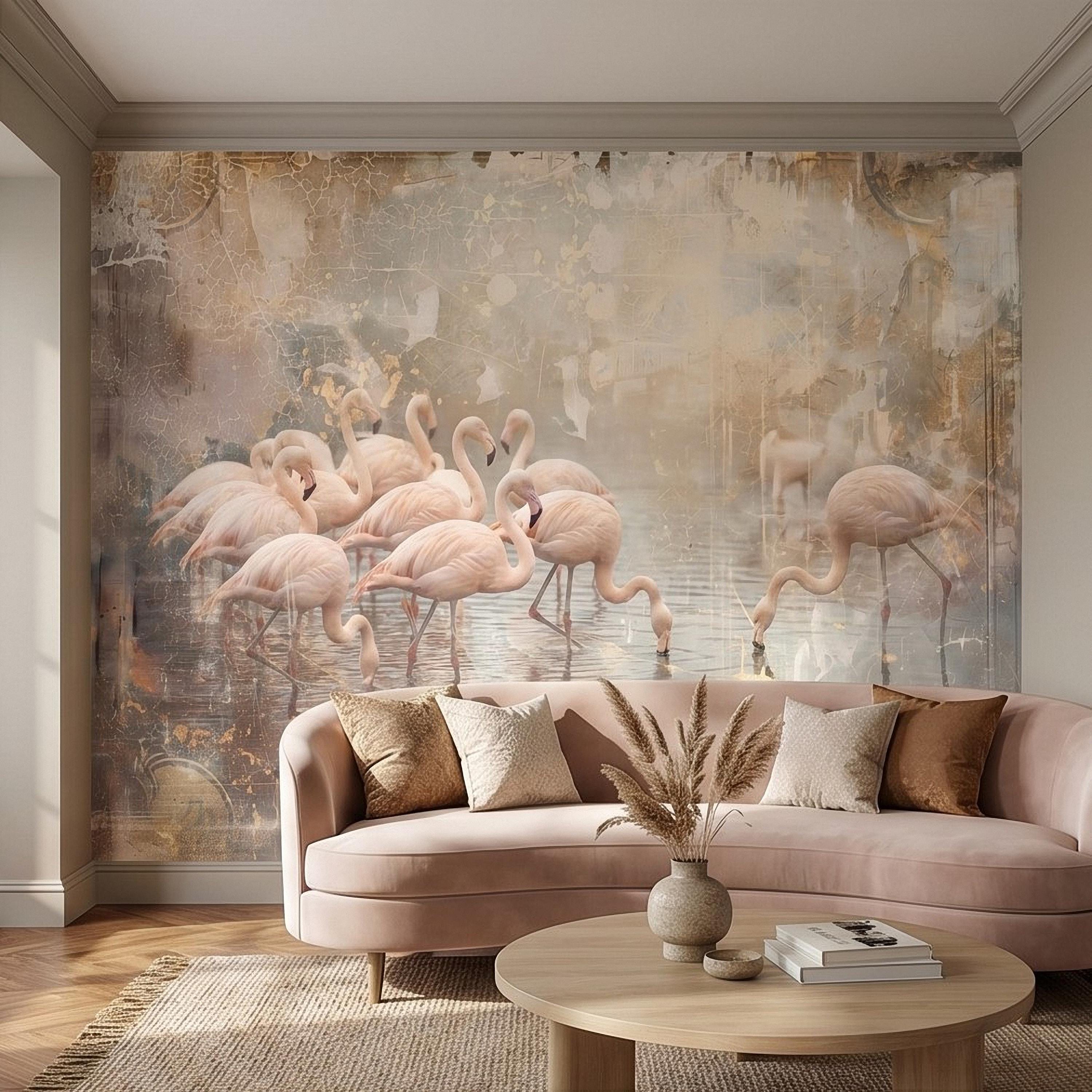 Pink Flamingo Flock Peel and Stick Wall Mural, Vintage Distressed Lagoon Birds on Water, Soft Blush Neutral Boho Coastal Chic Wallpaper