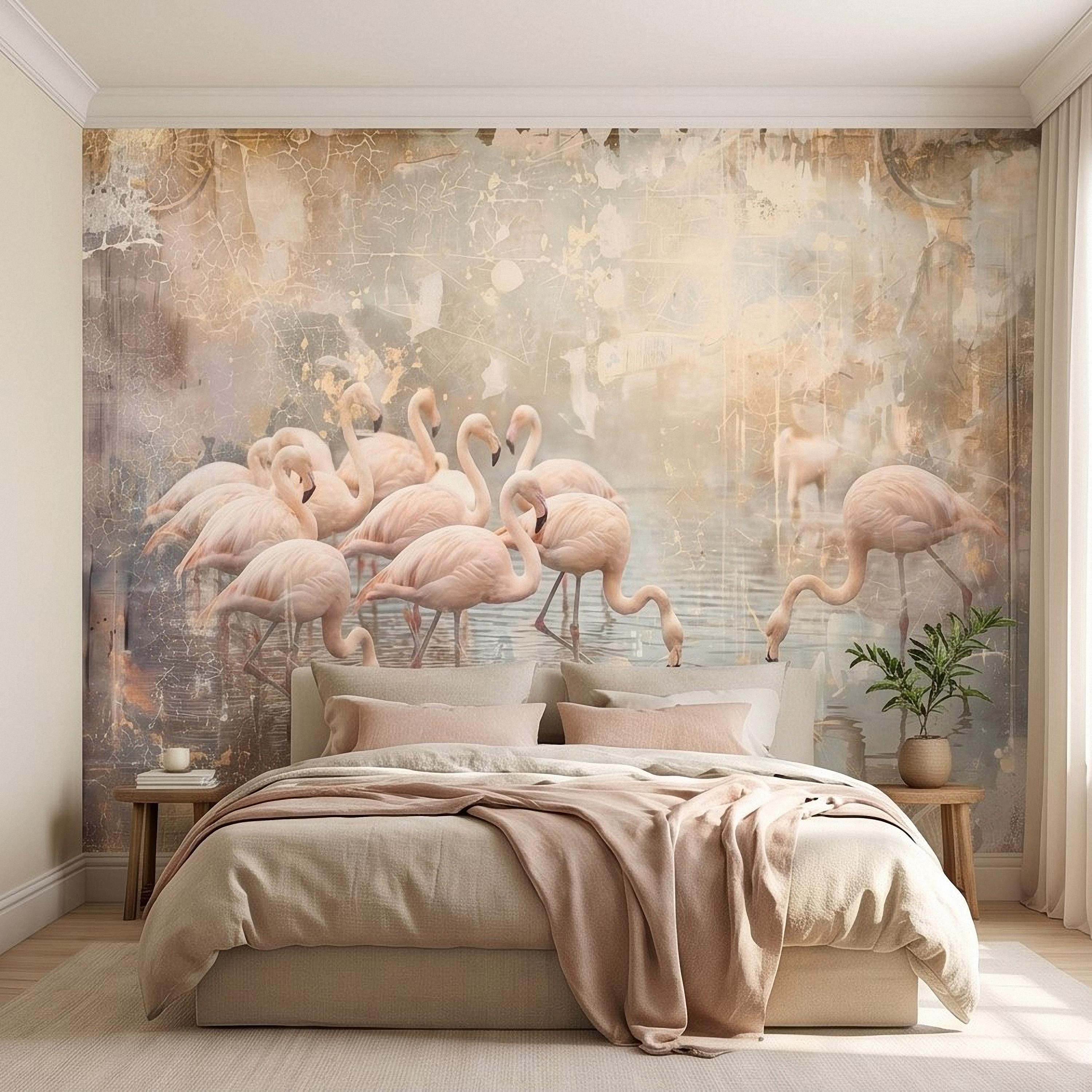 Pink Flamingo Flock Peel and Stick Wall Mural, Vintage Distressed Lagoon Birds on Water, Soft Blush Neutral Boho Coastal Chic Wallpaper