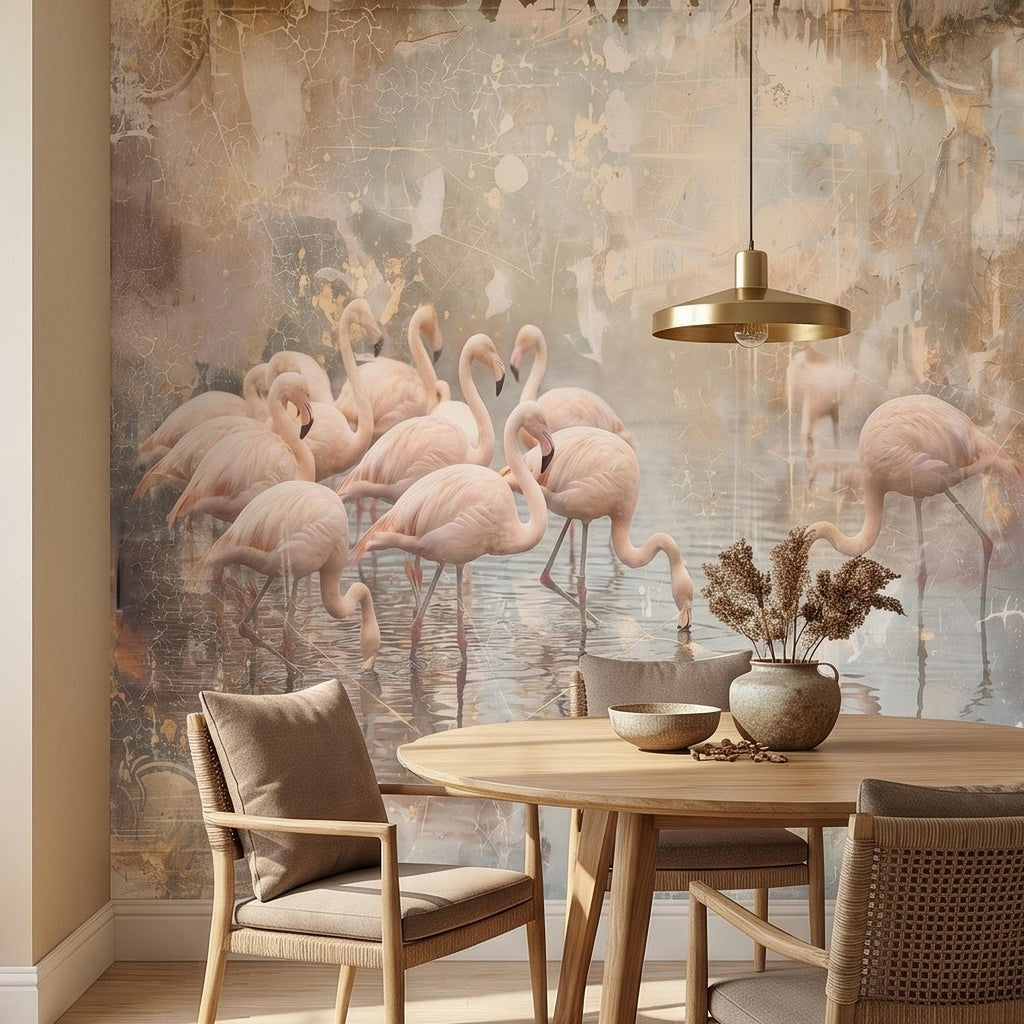 Pink Flamingo Flock Peel and Stick Wall Mural, Vintage Distressed Lagoon Birds on Water, Soft Blush Neutral Boho Coastal Chic Wallpaper