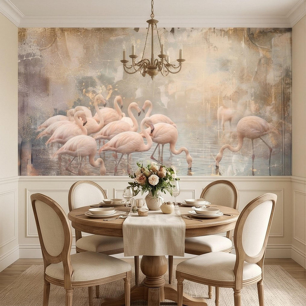 Pink Flamingo Flock Peel and Stick Wall Mural, Vintage Distressed Lagoon Birds on Water, Soft Blush Neutral Boho Coastal Chic Wallpaper