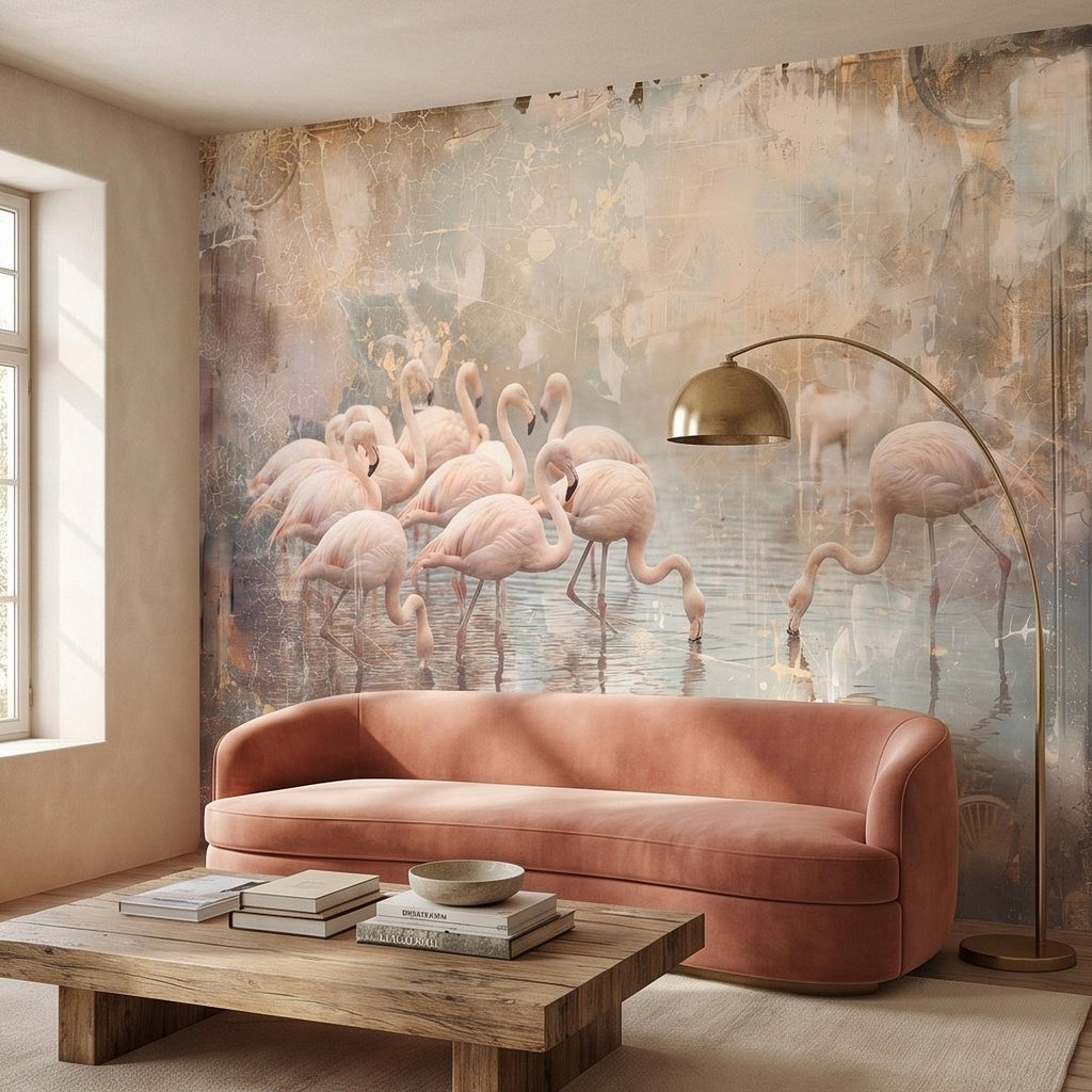 Pink Flamingo Flock Peel and Stick Wall Mural, Vintage Distressed Lagoon Birds on Water, Soft Blush Neutral Boho Coastal Chic Wallpaper