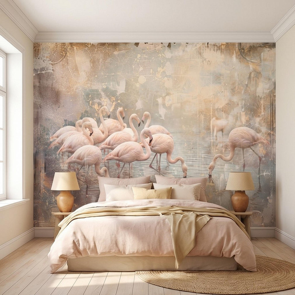 Pink Flamingo Flock Peel and Stick Wall Mural, Vintage Distressed Lagoon Birds on Water, Soft Blush Neutral Boho Coastal Chic Wallpaper
