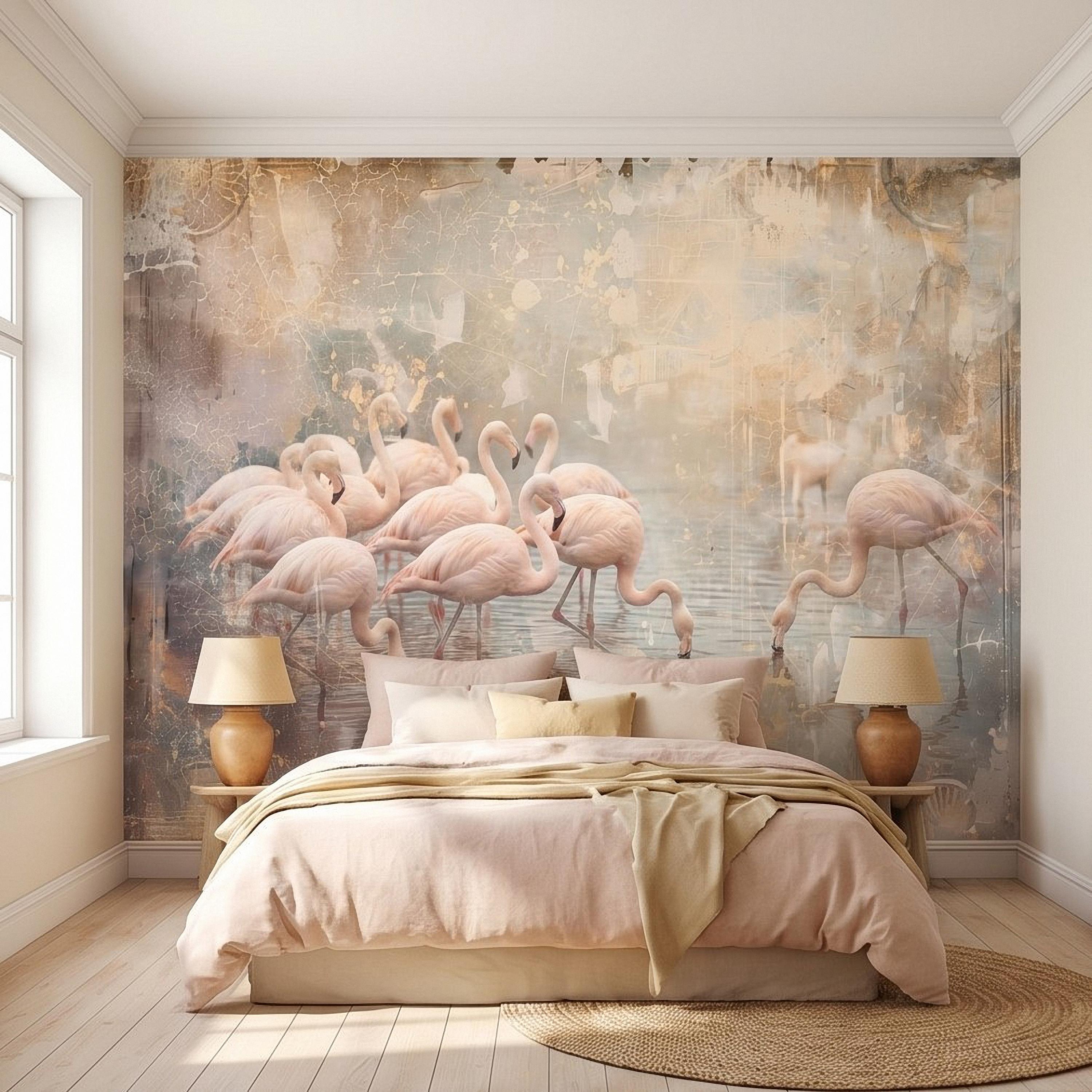 Pink Flamingo Flock Peel and Stick Wall Mural, Vintage Distressed Lagoon Birds on Water, Soft Blush Neutral Boho Coastal Chic Wallpaper