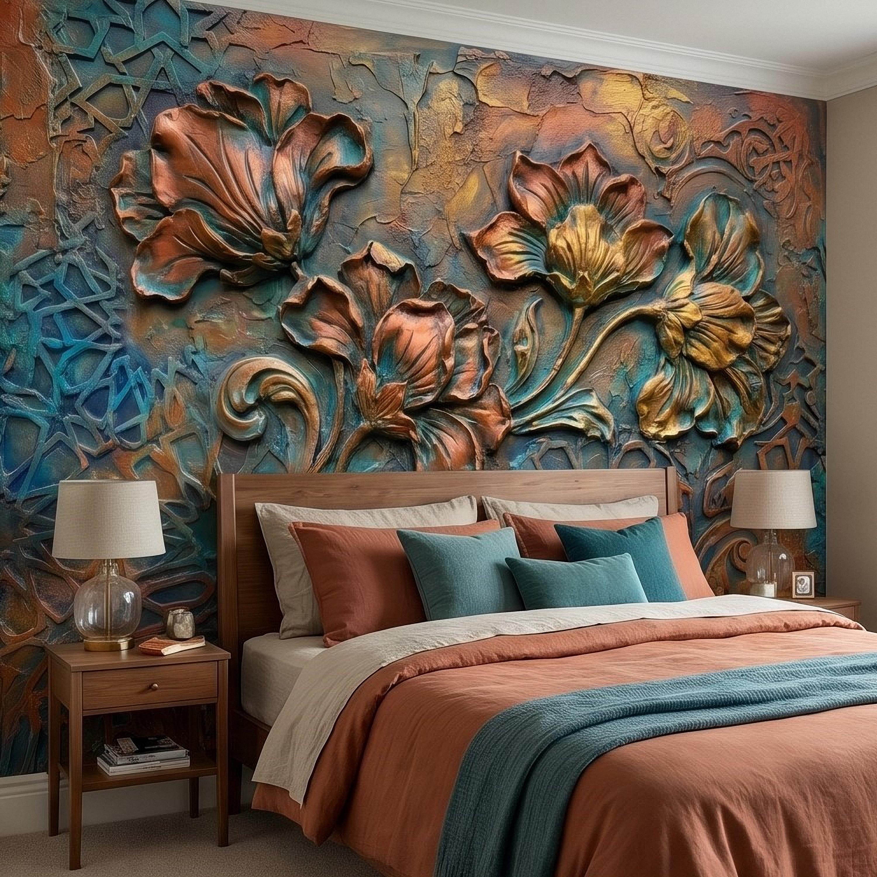 3D Floral Relief Peel and Stick Wall Mural, Copper Bronze Patina Flowers, Turquoise Moroccan Geometric Texture, Art Nouveau Boho Wallpaper