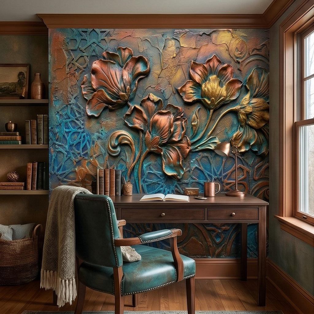3D Floral Relief Peel and Stick Wall Mural, Copper Bronze Patina Flowers, Turquoise Moroccan Geometric Texture, Art Nouveau Boho Wallpaper