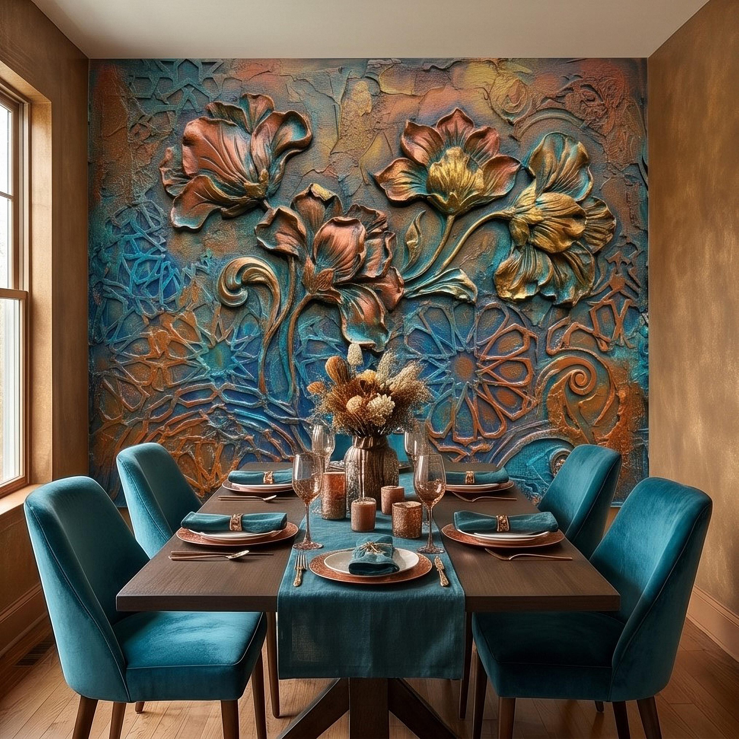 3D Floral Relief Peel and Stick Wall Mural, Copper Bronze Patina Flowers, Turquoise Moroccan Geometric Texture, Art Nouveau Boho Wallpaper