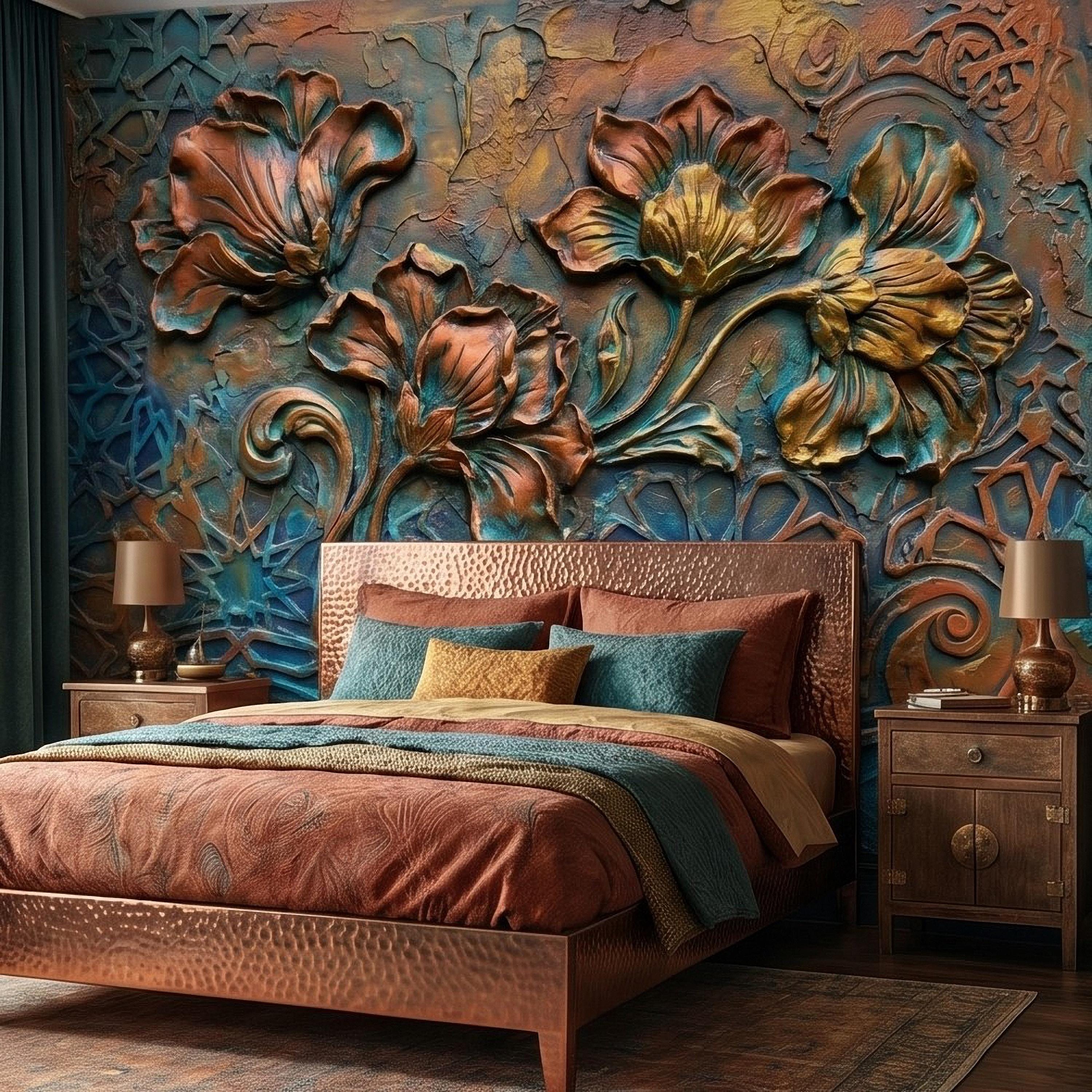 3D Floral Relief Peel and Stick Wall Mural, Copper Bronze Patina Flowers, Turquoise Moroccan Geometric Texture, Art Nouveau Boho Wallpaper