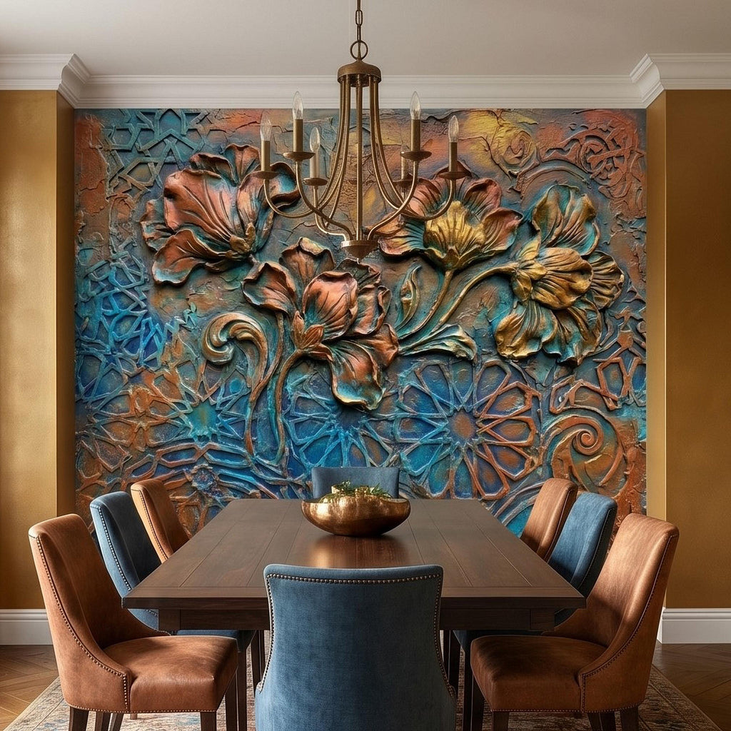 3D Floral Relief Peel and Stick Wall Mural, Copper Bronze Patina Flowers, Turquoise Moroccan Geometric Texture, Art Nouveau Boho Wallpaper