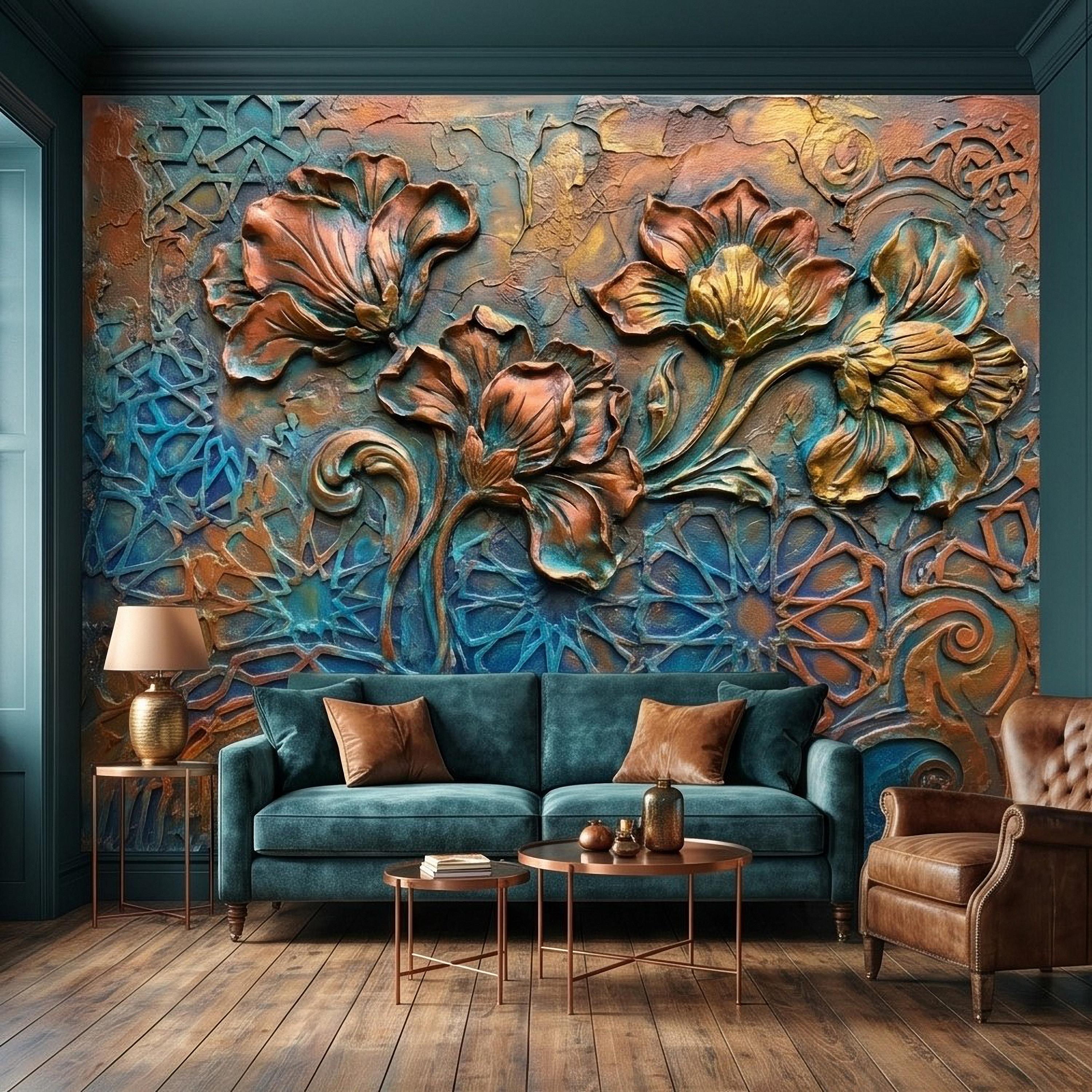 3D Floral Relief Peel and Stick Wall Mural, Copper Bronze Patina Flowers, Turquoise Moroccan Geometric Texture, Art Nouveau Boho Wallpaper