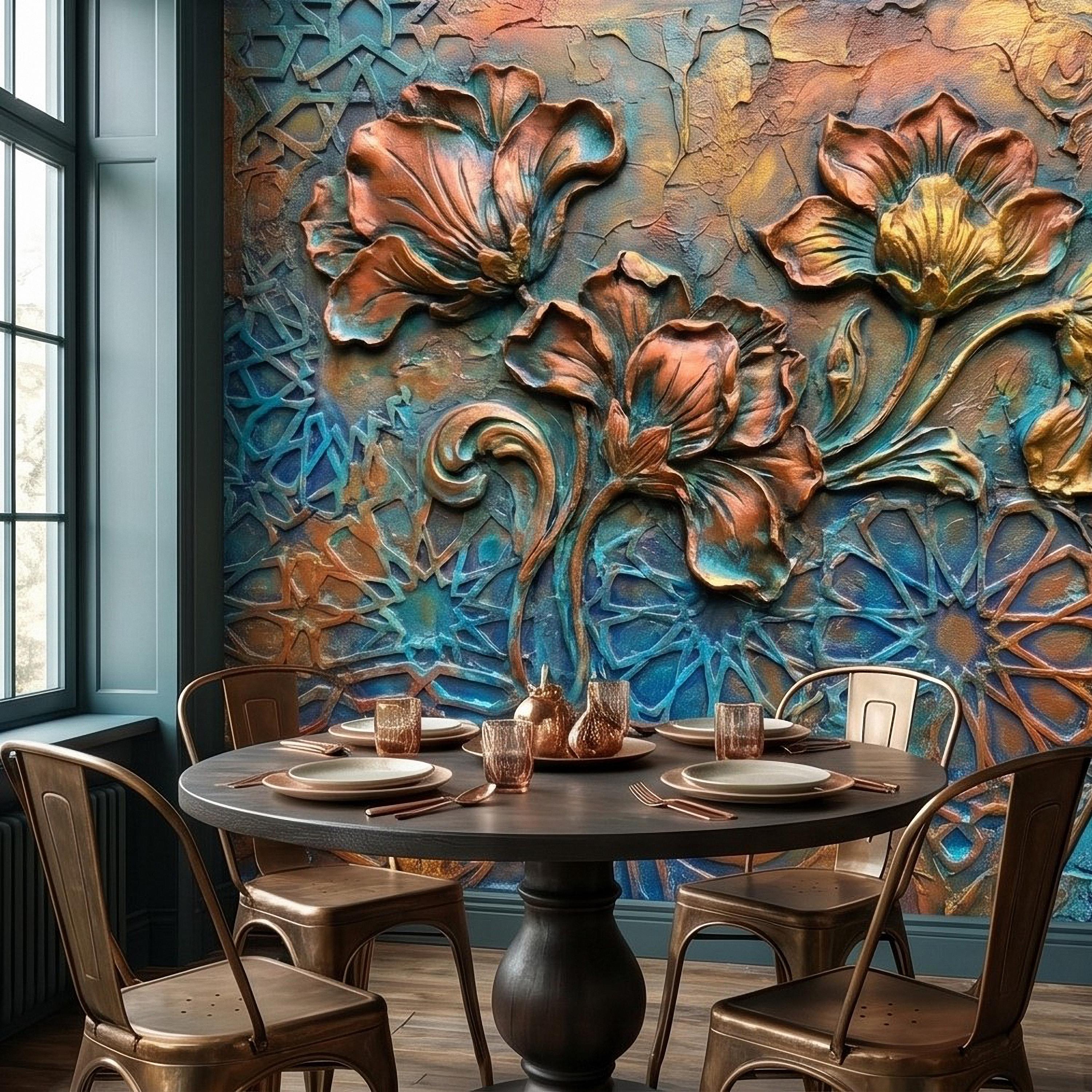 3D Floral Relief Peel and Stick Wall Mural, Copper Bronze Patina Flowers, Turquoise Moroccan Geometric Texture, Art Nouveau Boho Wallpaper