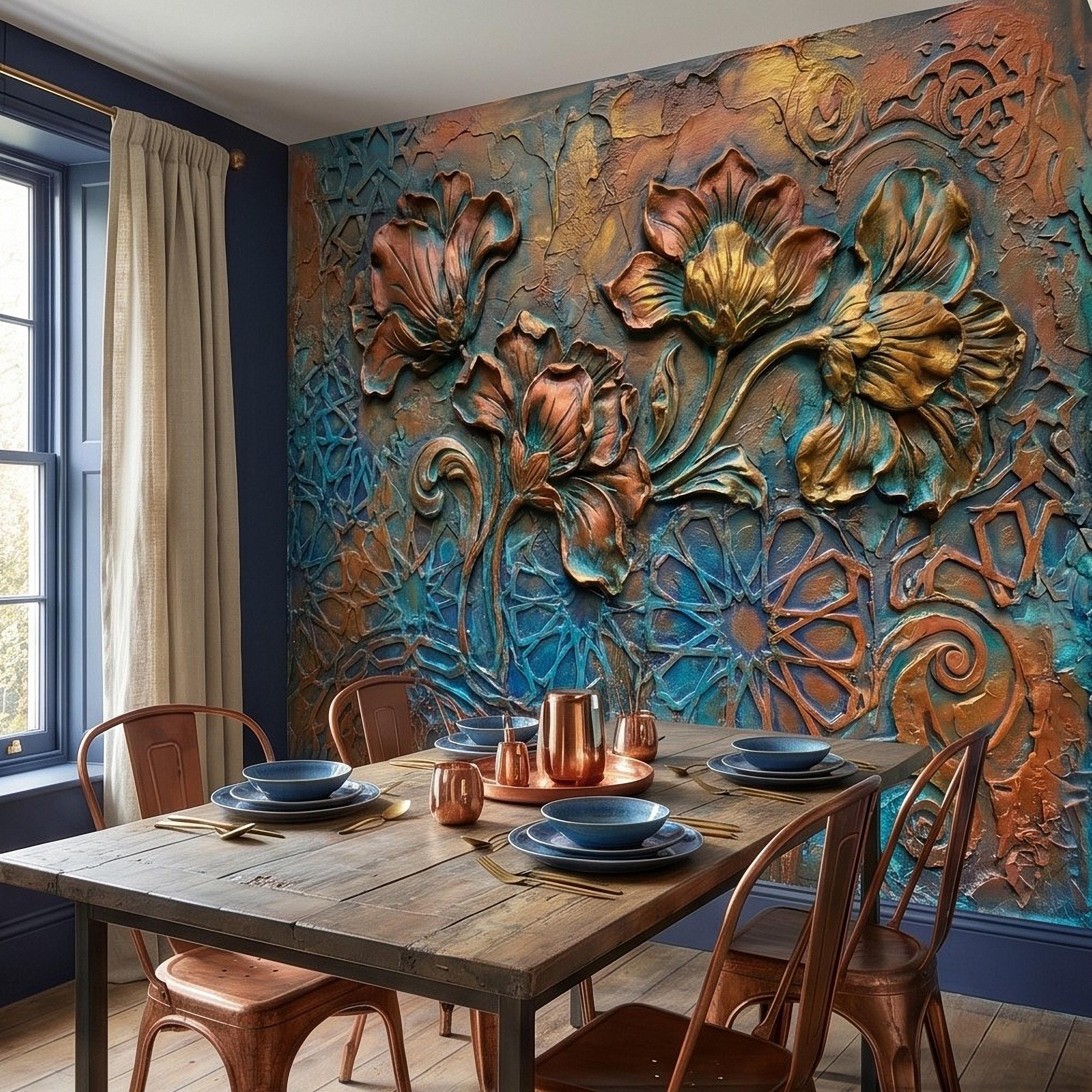 3D Floral Relief Peel and Stick Wall Mural, Copper Bronze Patina Flowers, Turquoise Moroccan Geometric Texture, Art Nouveau Boho Wallpaper