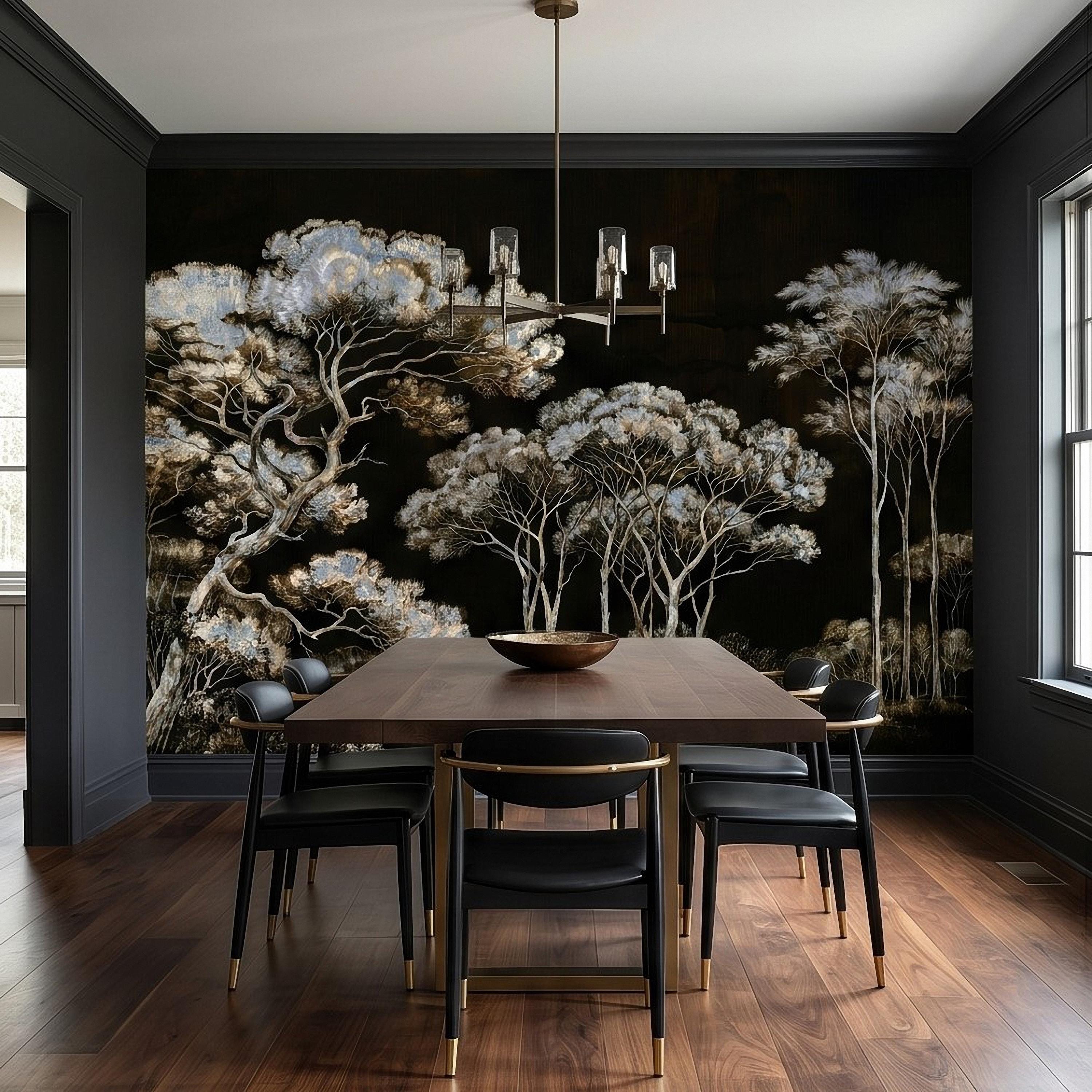 Chinoiserie Tree Peel and Stick Wall Mural, Moody Black Forest Landscape, Hand Painted Style Wallpaper