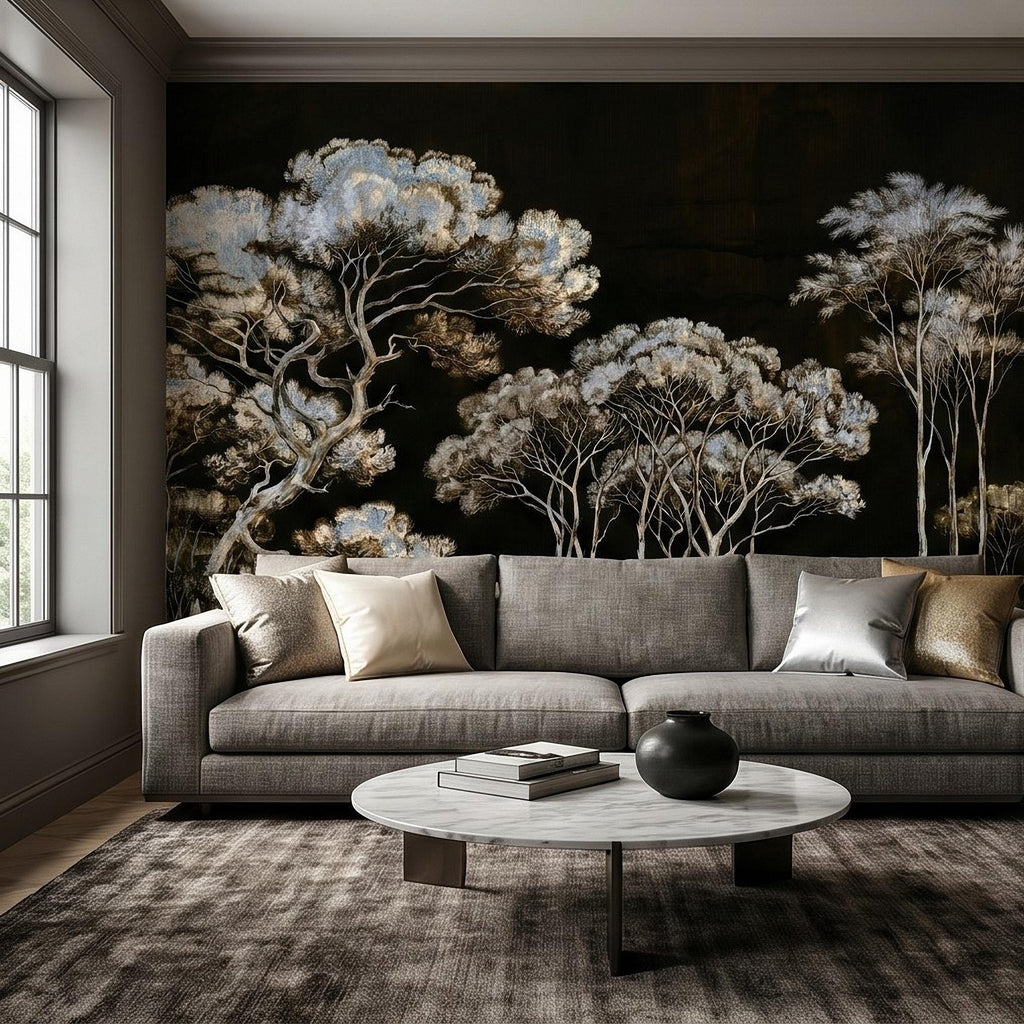 Chinoiserie Tree Peel and Stick Wall Mural, Moody Black Forest Landscape, Hand Painted Style Wallpaper