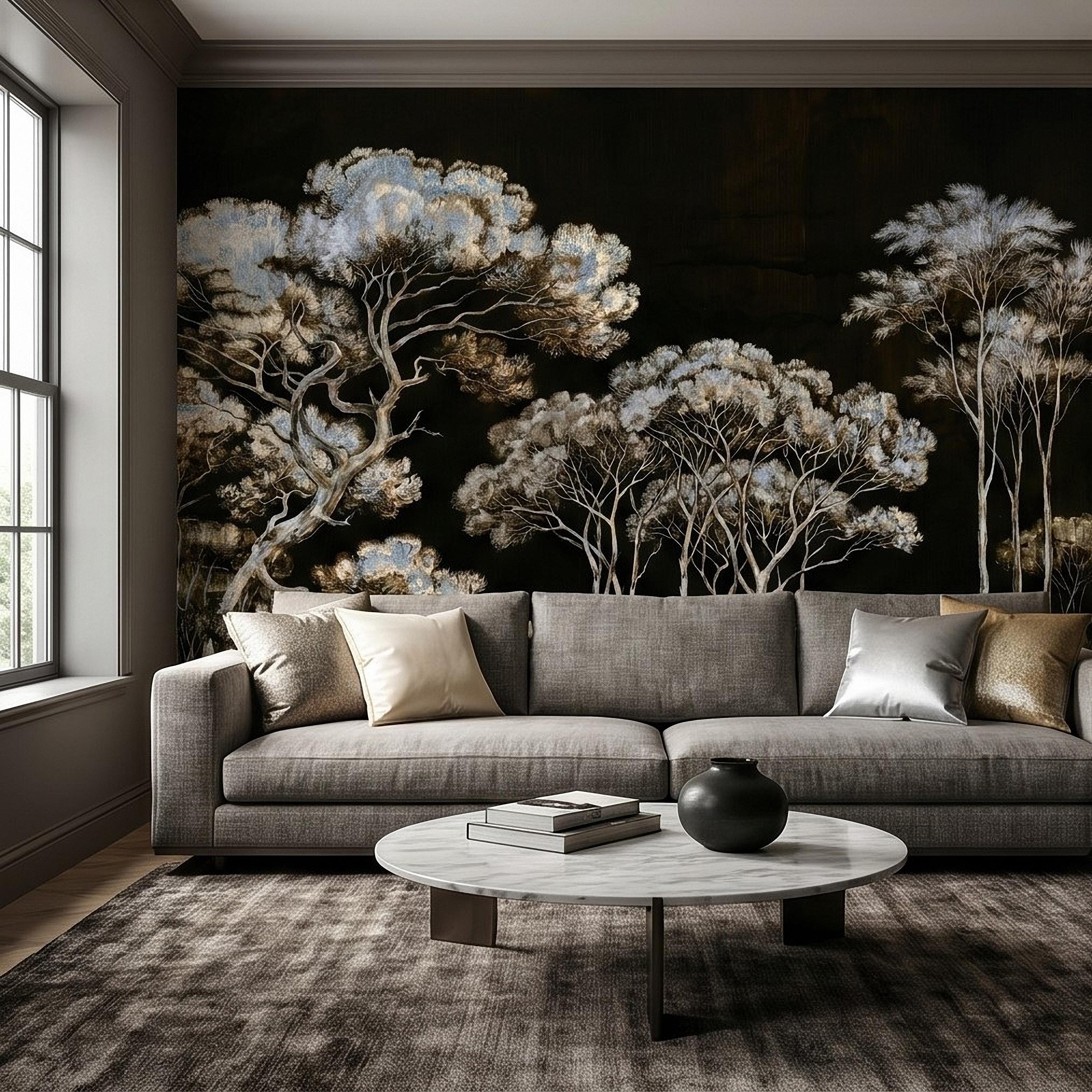 Chinoiserie Tree Peel and Stick Wall Mural, Moody Black Forest Landscape, Hand Painted Style Wallpaper