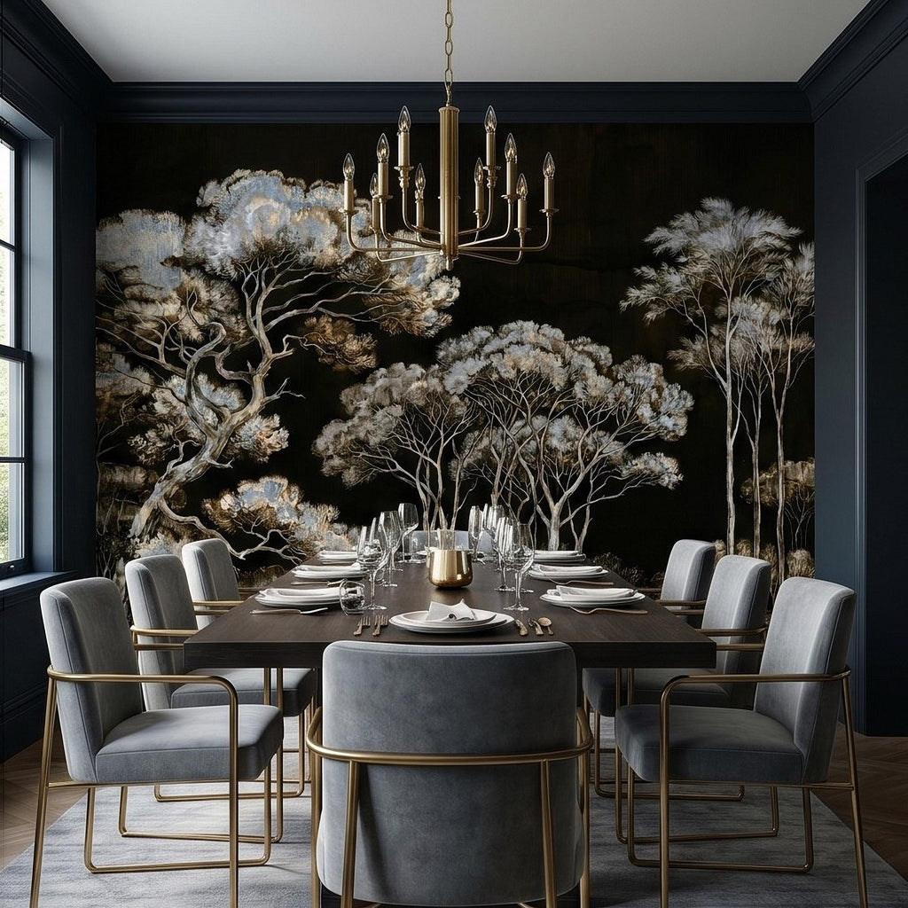 Chinoiserie Tree Peel and Stick Wall Mural, Moody Black Forest Landscape, Hand Painted Style Wallpaper