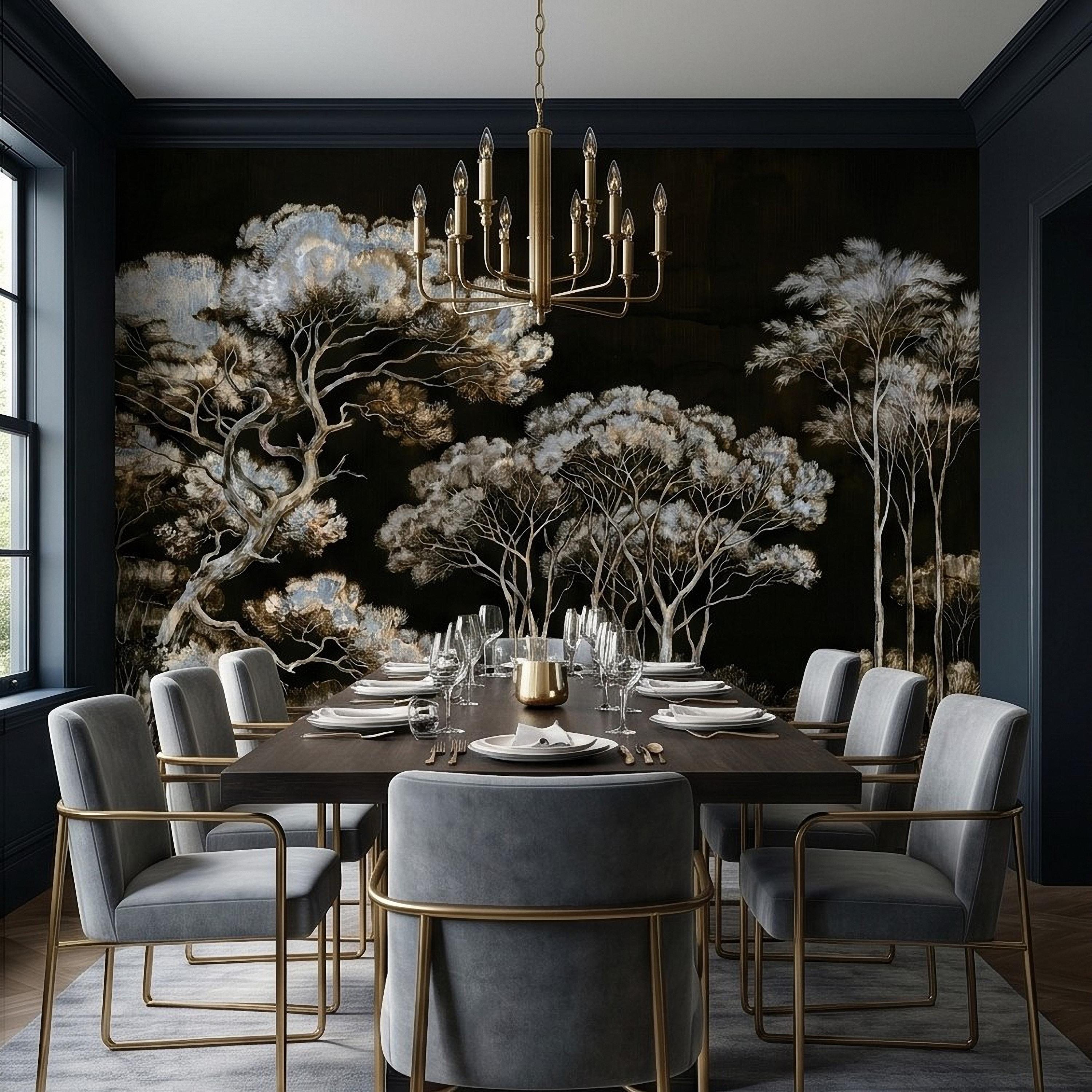 Chinoiserie Tree Peel and Stick Wall Mural, Moody Black Forest Landscape, Hand Painted Style Wallpaper