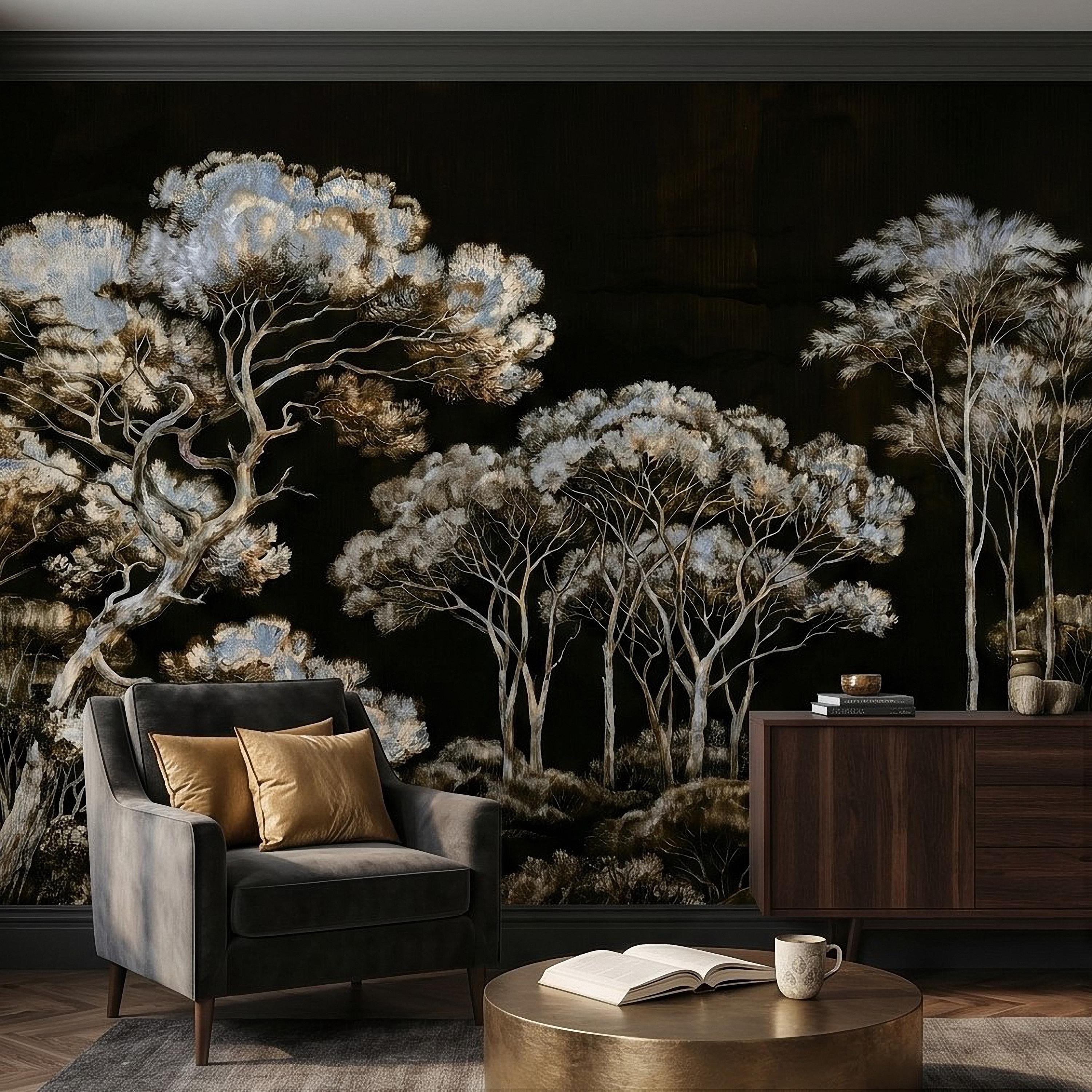 Chinoiserie Tree Peel and Stick Wall Mural, Moody Black Forest Landscape, Hand Painted Style Wallpaper