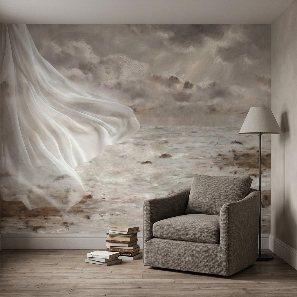 Neutral Seascape Peel and Stick Wall Mural, Soft Coastal Ocean Painting with Flowing Drapery, Romantic Beige Wallpaper