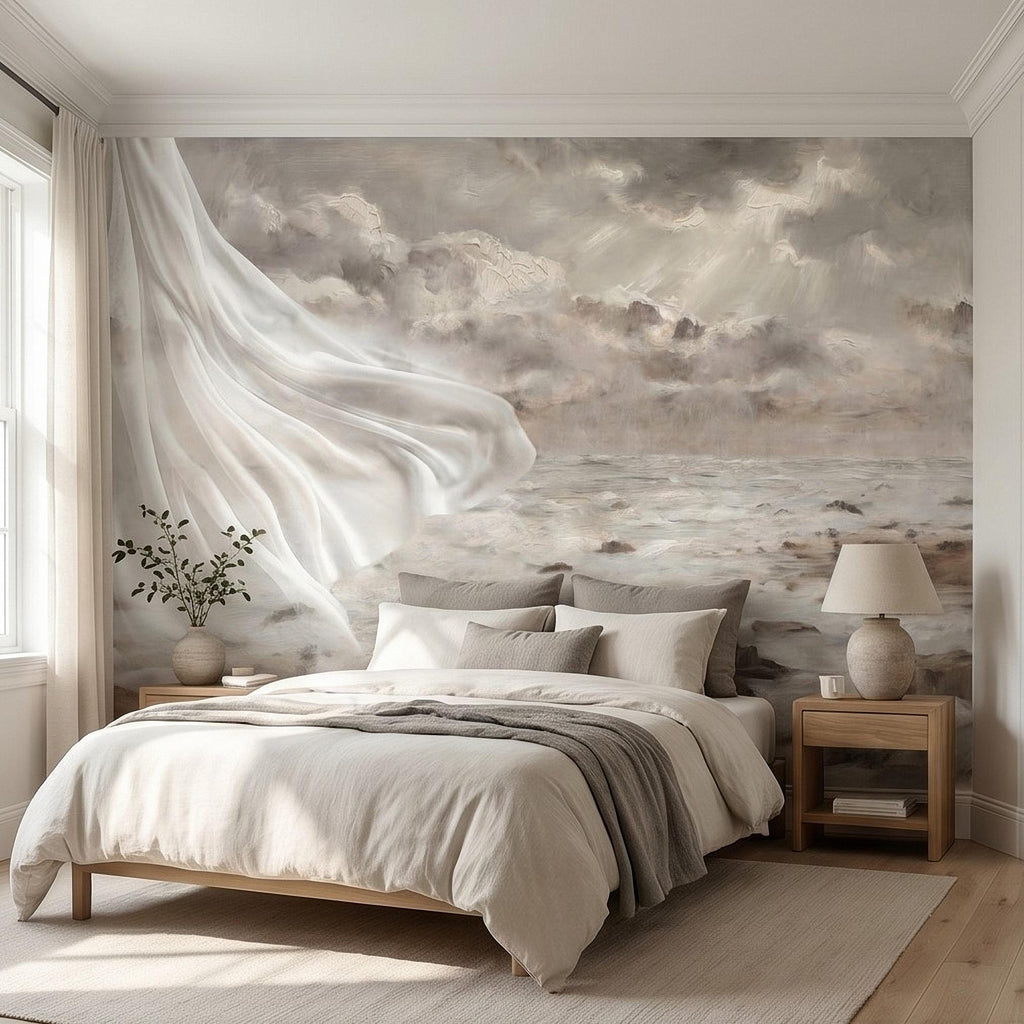 Neutral Seascape Peel and Stick Wall Mural, Soft Coastal Ocean Painting with Flowing Drapery, Romantic Beige Wallpaper