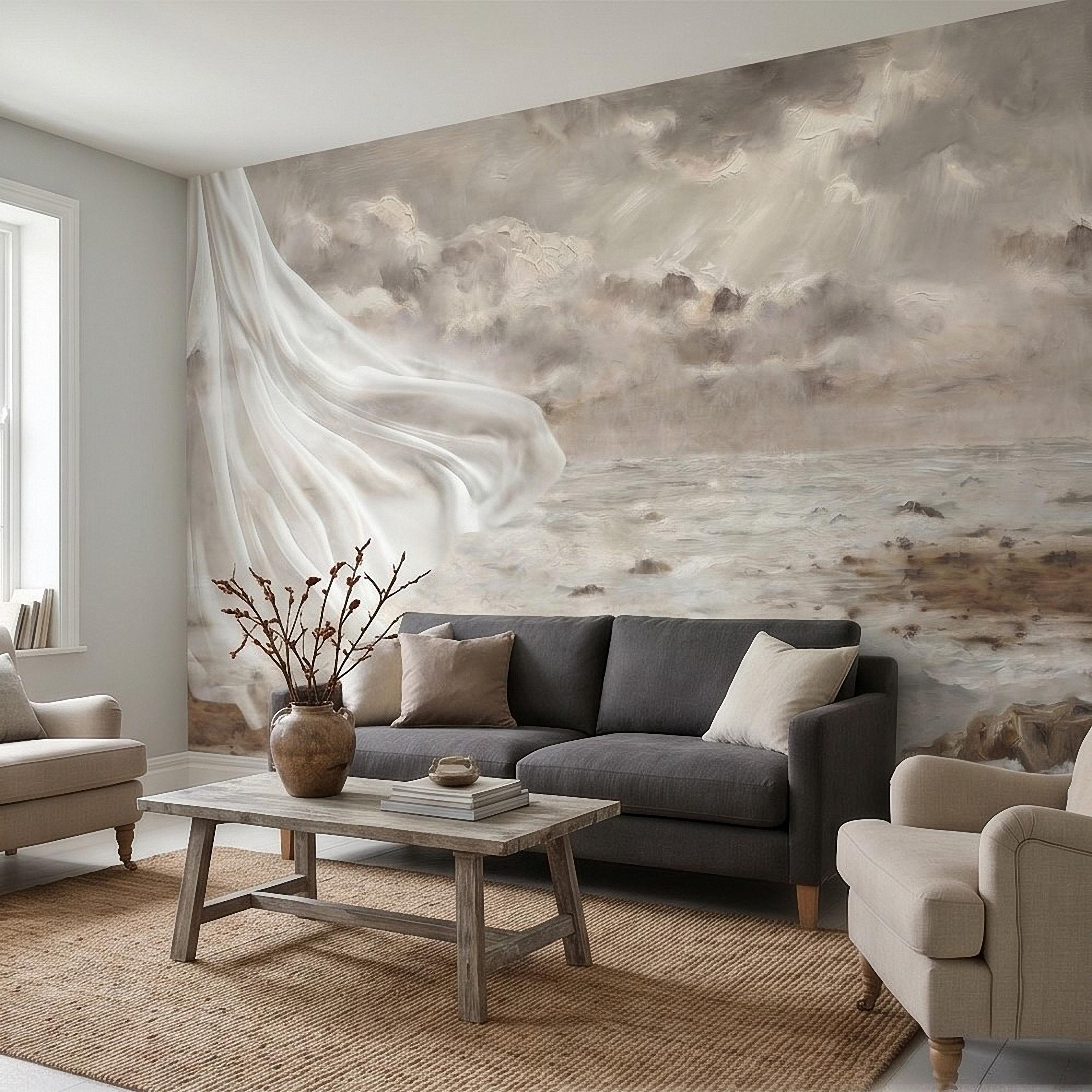 Neutral Seascape Peel and Stick Wall Mural, Soft Coastal Ocean Painting with Flowing Drapery, Romantic Beige Wallpaper