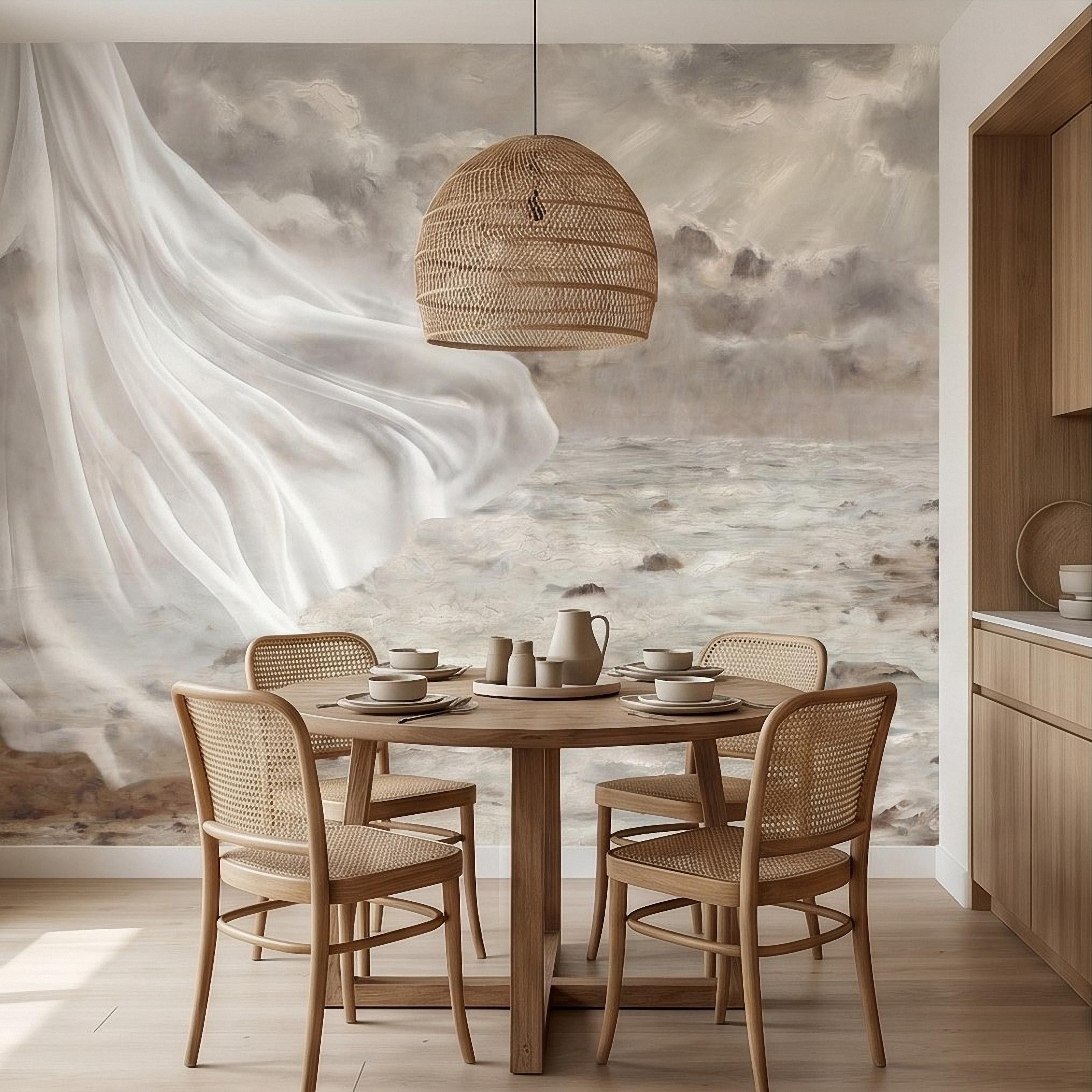 Neutral Seascape Peel and Stick Wall Mural, Soft Coastal Ocean Painting with Flowing Drapery, Romantic Beige Wallpaper