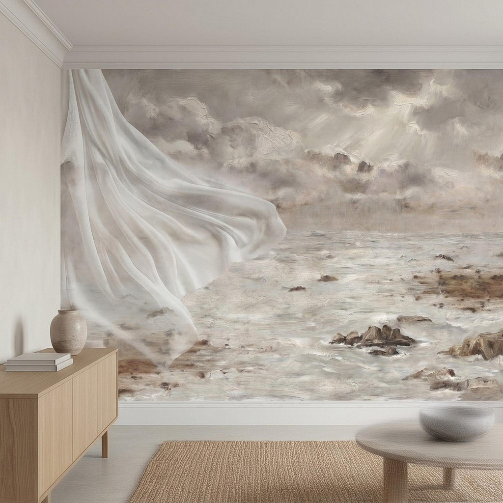 Neutral Seascape Peel and Stick Wall Mural, Soft Coastal Ocean Painting with Flowing Drapery, Romantic Beige Wallpaper