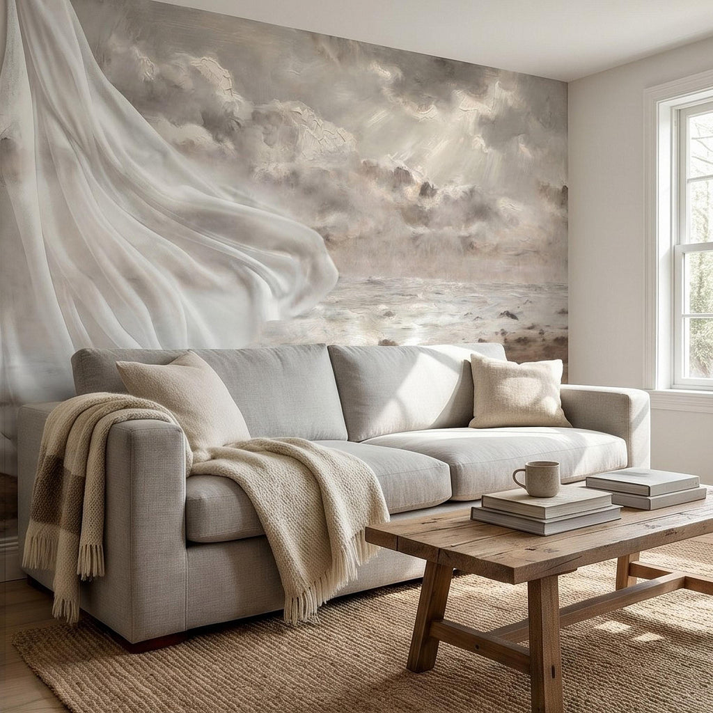 Neutral Seascape Peel and Stick Wall Mural, Soft Coastal Ocean Painting with Flowing Drapery, Romantic Beige Wallpaper