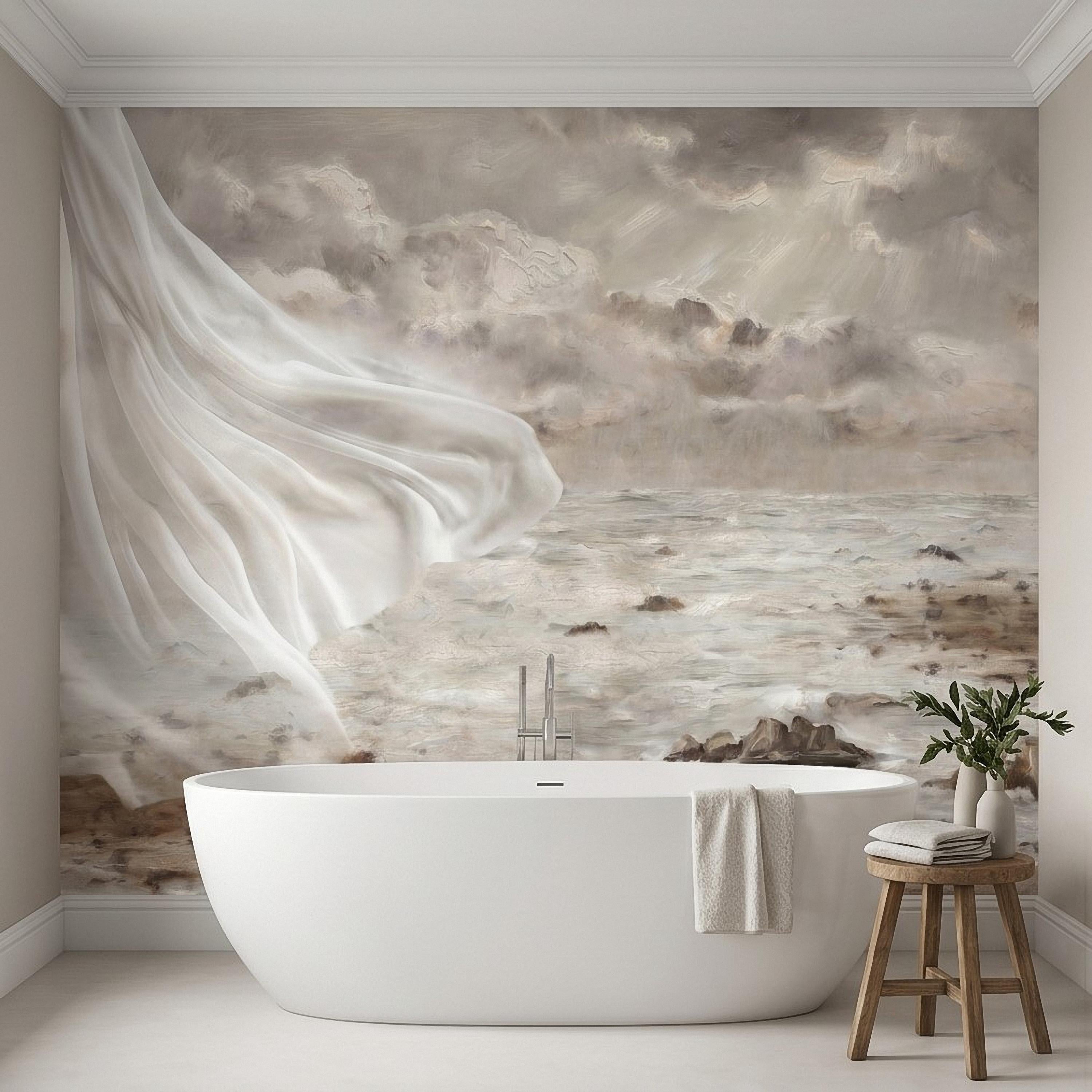 Neutral Seascape Peel and Stick Wall Mural, Soft Coastal Ocean Painting with Flowing Drapery, Romantic Beige Wallpaper