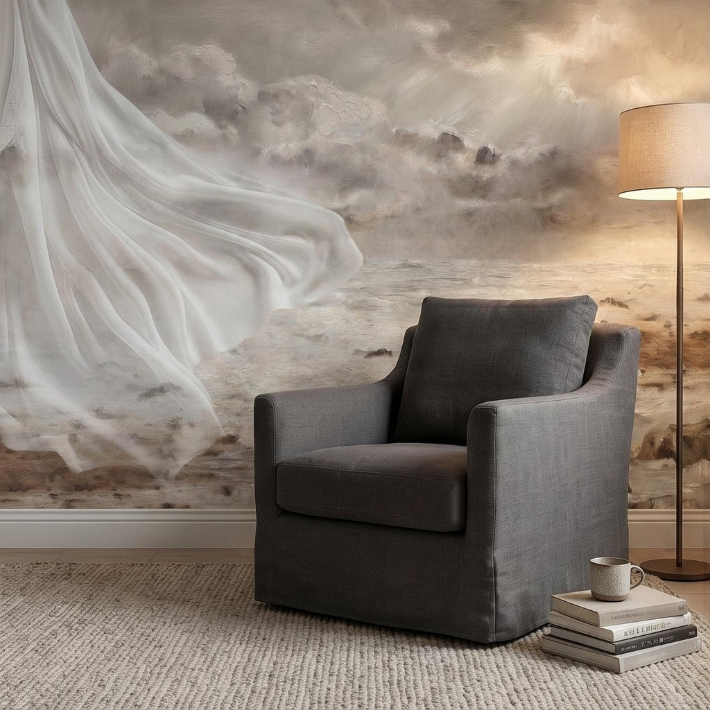 Neutral Seascape Peel and Stick Wall Mural, Soft Coastal Ocean Painting with Flowing Drapery, Romantic Beige Wallpaper