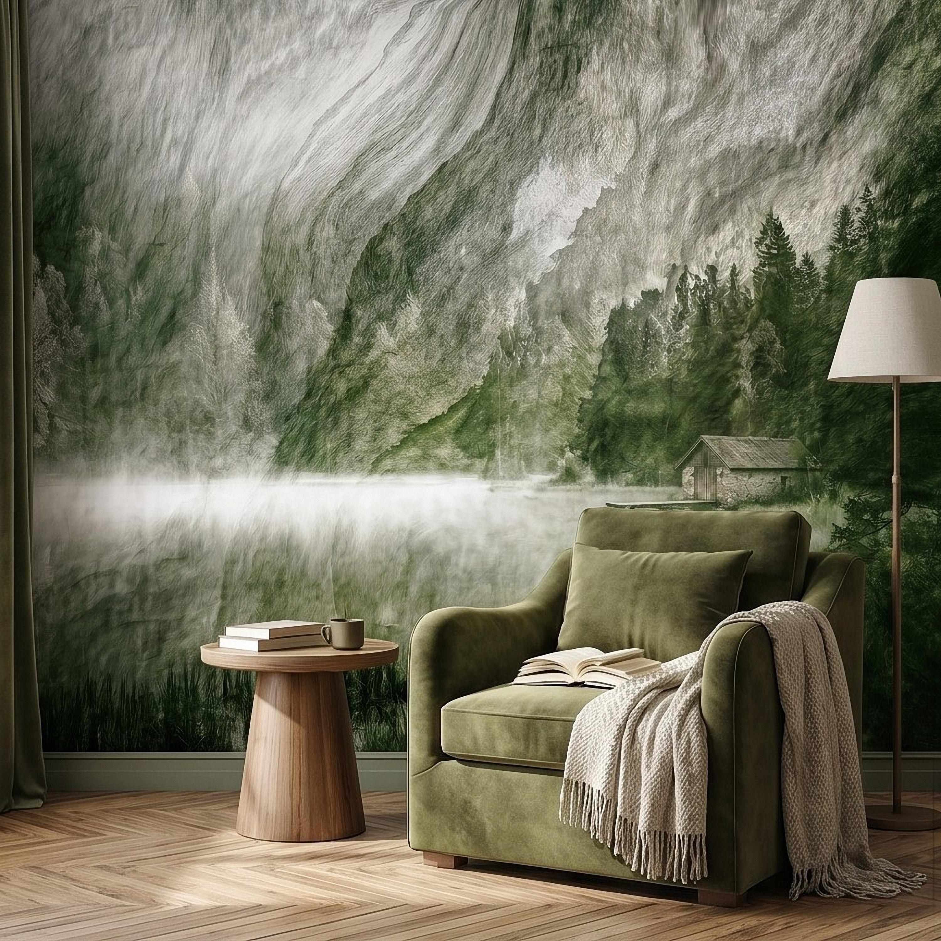 Misty Mountain Lake Peel and Stick Wall Mural, Moody Green Forest Cabin Landscape, Scandinavian Nature Wallpaper