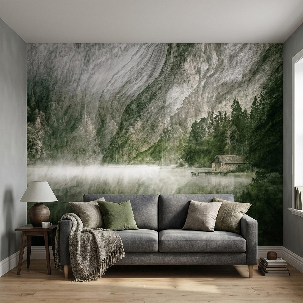 Misty Mountain Lake Peel and Stick Wall Mural, Moody Green Forest Cabin Landscape, Scandinavian Nature Wallpaper