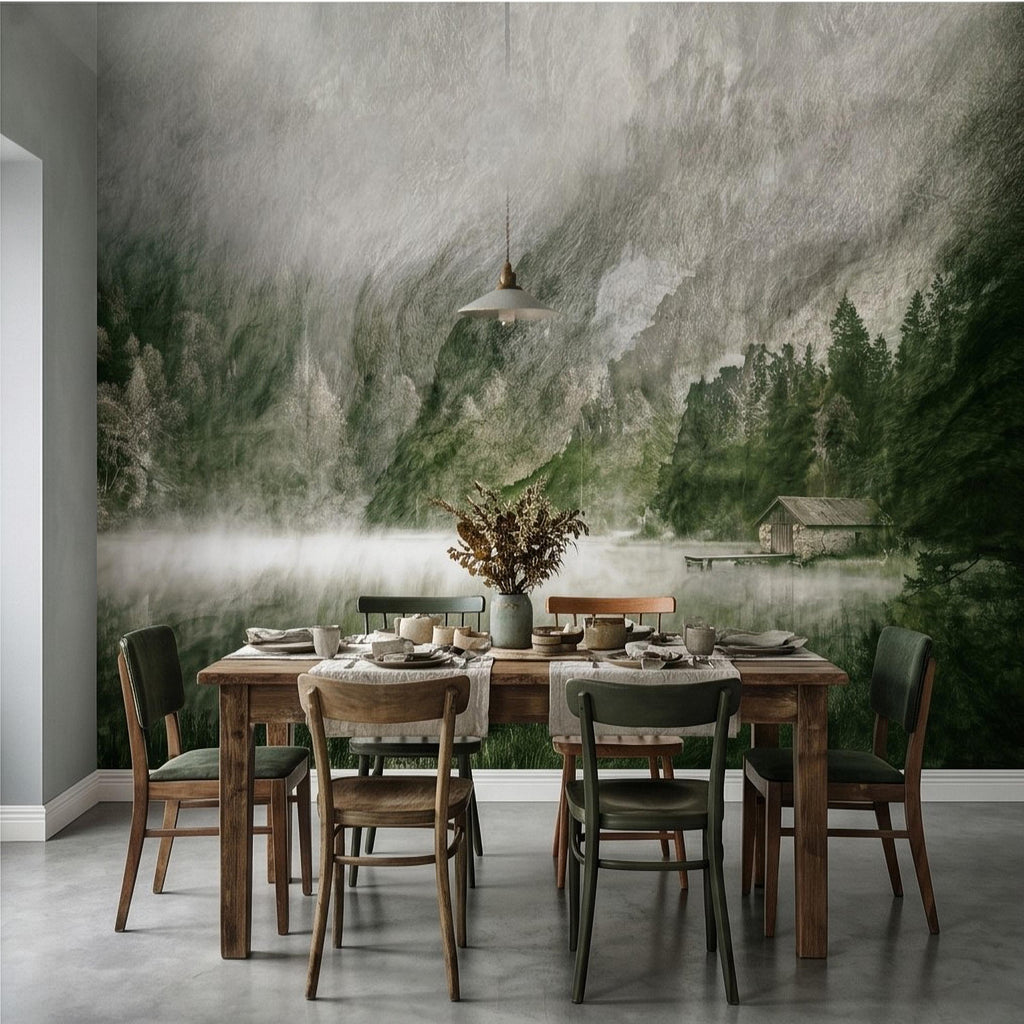 Misty Mountain Lake Peel and Stick Wall Mural, Moody Green Forest Cabin Landscape, Scandinavian Nature Wallpaper