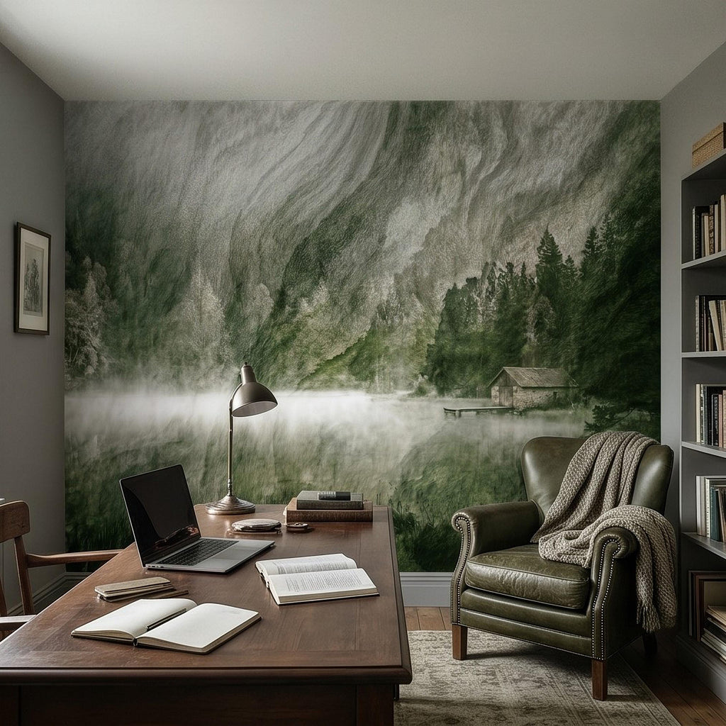 Misty Mountain Lake Peel and Stick Wall Mural, Moody Green Forest Cabin Landscape, Scandinavian Nature Wallpaper