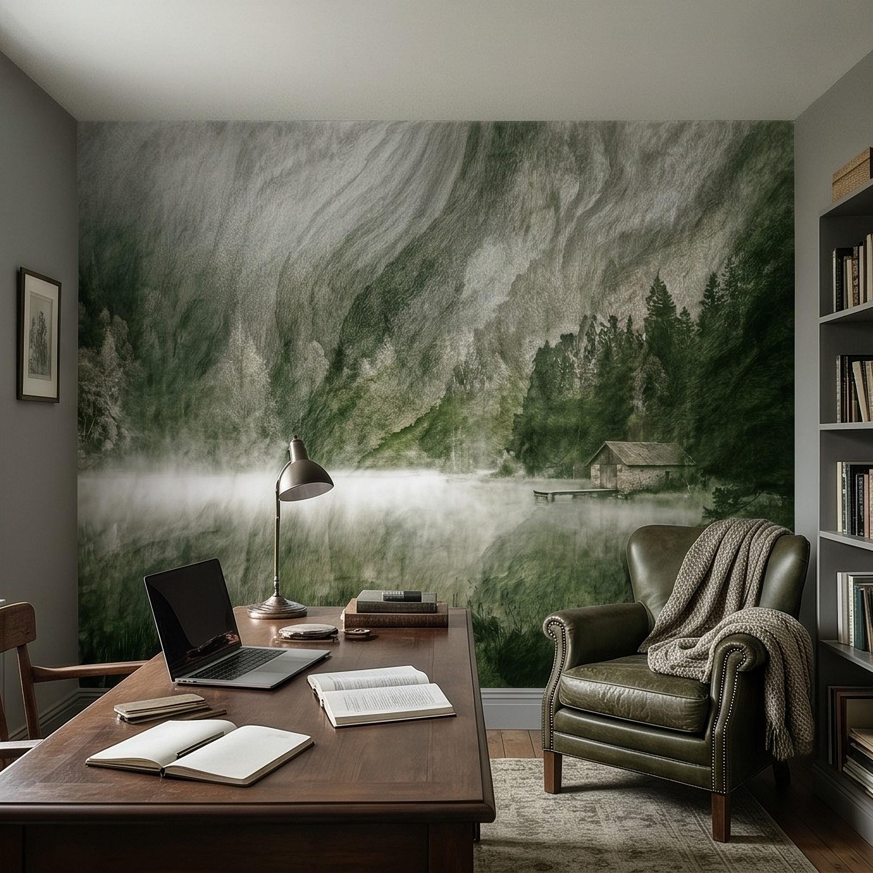 Misty Mountain Lake Peel and Stick Wall Mural, Moody Green Forest Cabin Landscape, Scandinavian Nature Wallpaper
