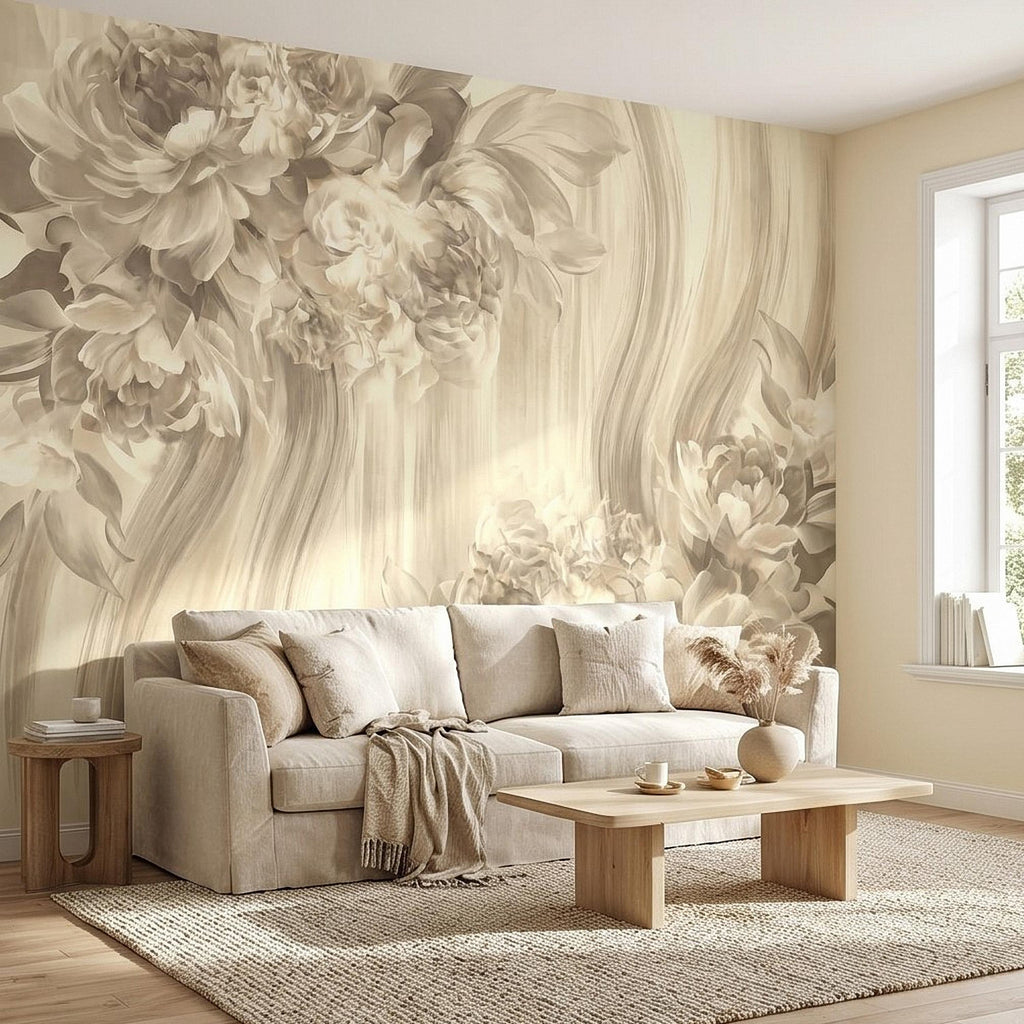 Luxury Neutral Peony Peel and Stick Wall Mural, Classic Beige Floral Painting, Elegant Vintage Wallpaper