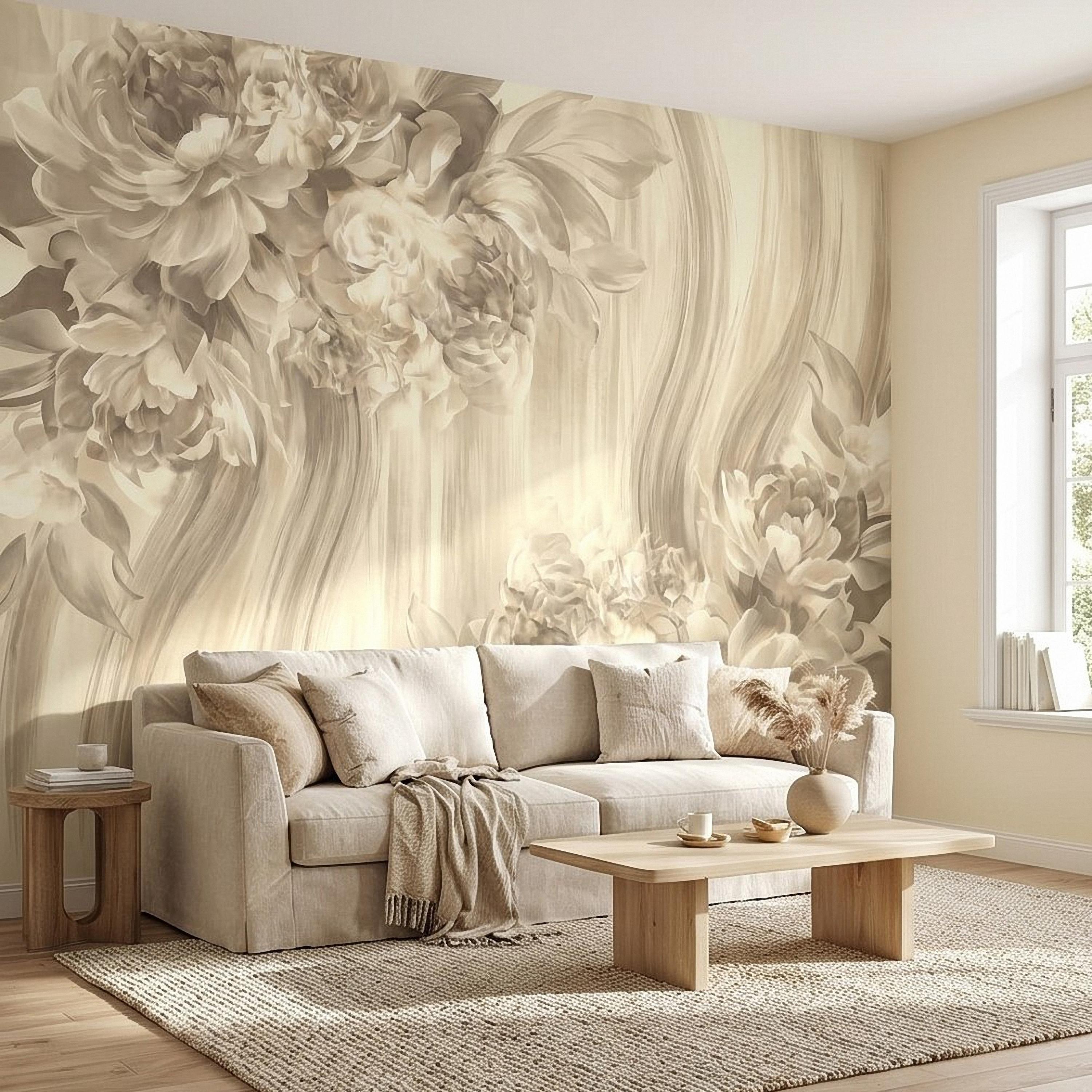 Luxury Neutral Peony Peel and Stick Wall Mural, Classic Beige Floral Painting, Elegant Vintage Wallpaper