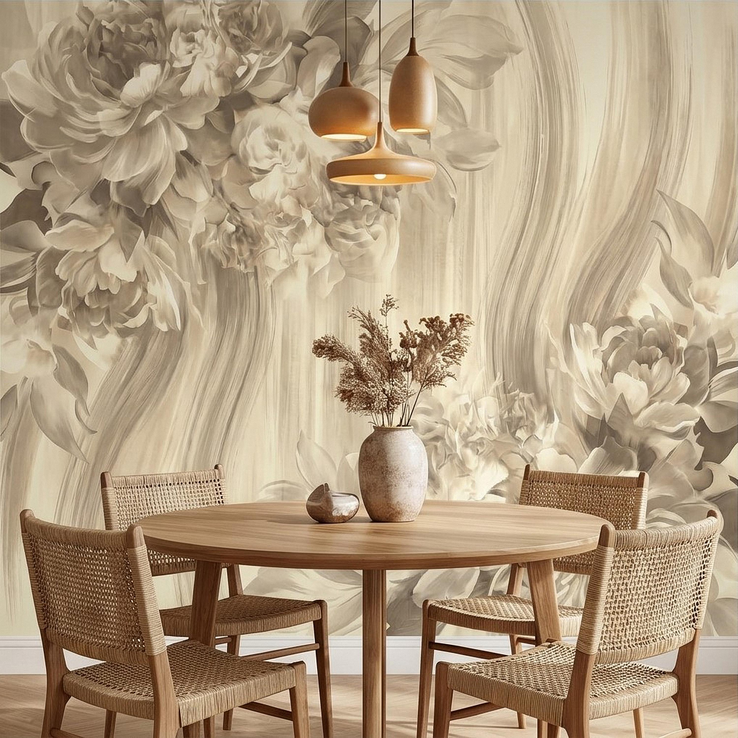 Luxury Neutral Peony Peel and Stick Wall Mural, Classic Beige Floral Painting, Elegant Vintage Wallpaper