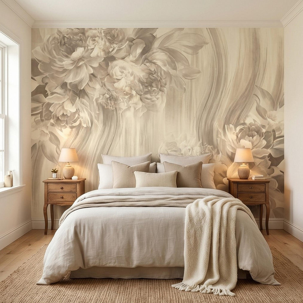 Luxury Neutral Peony Peel and Stick Wall Mural, Classic Beige Floral Painting, Elegant Vintage Wallpaper