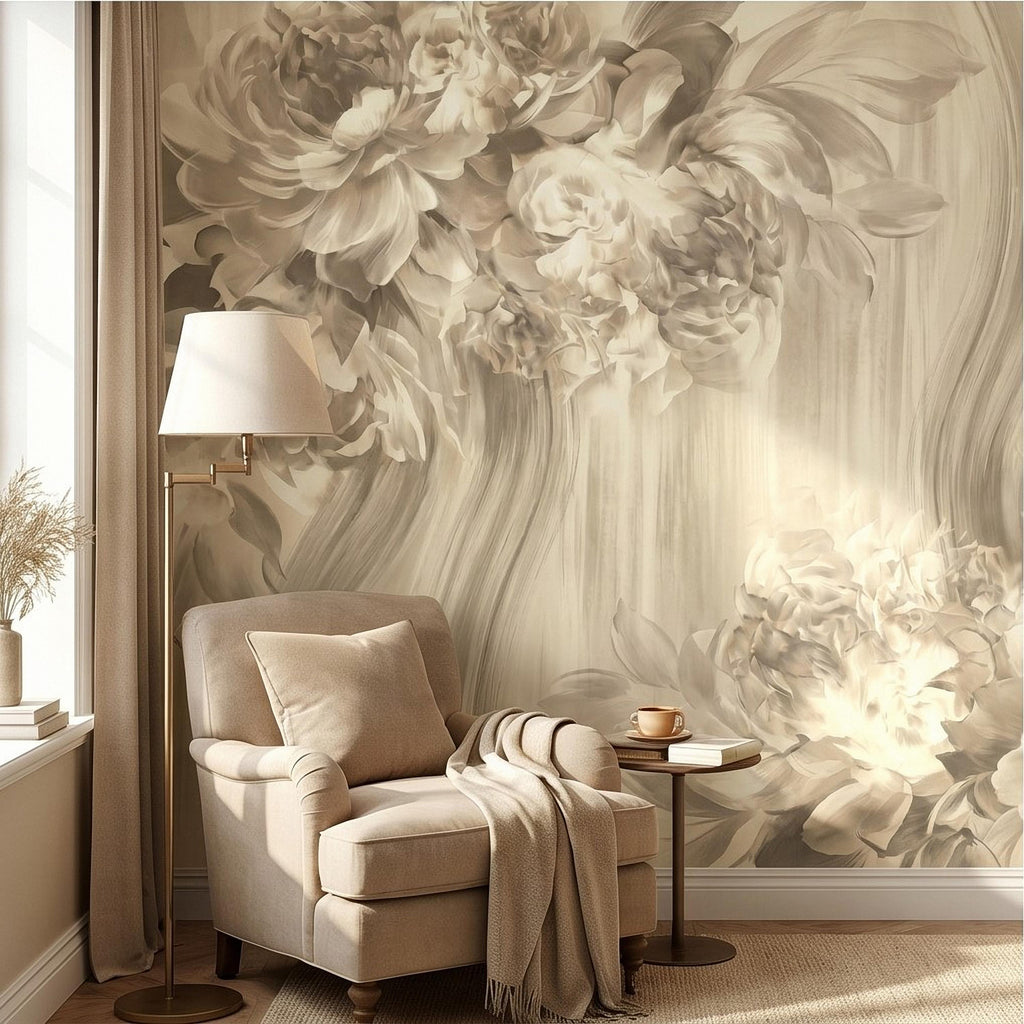 Luxury Neutral Peony Peel and Stick Wall Mural, Classic Beige Floral Painting, Elegant Vintage Wallpaper