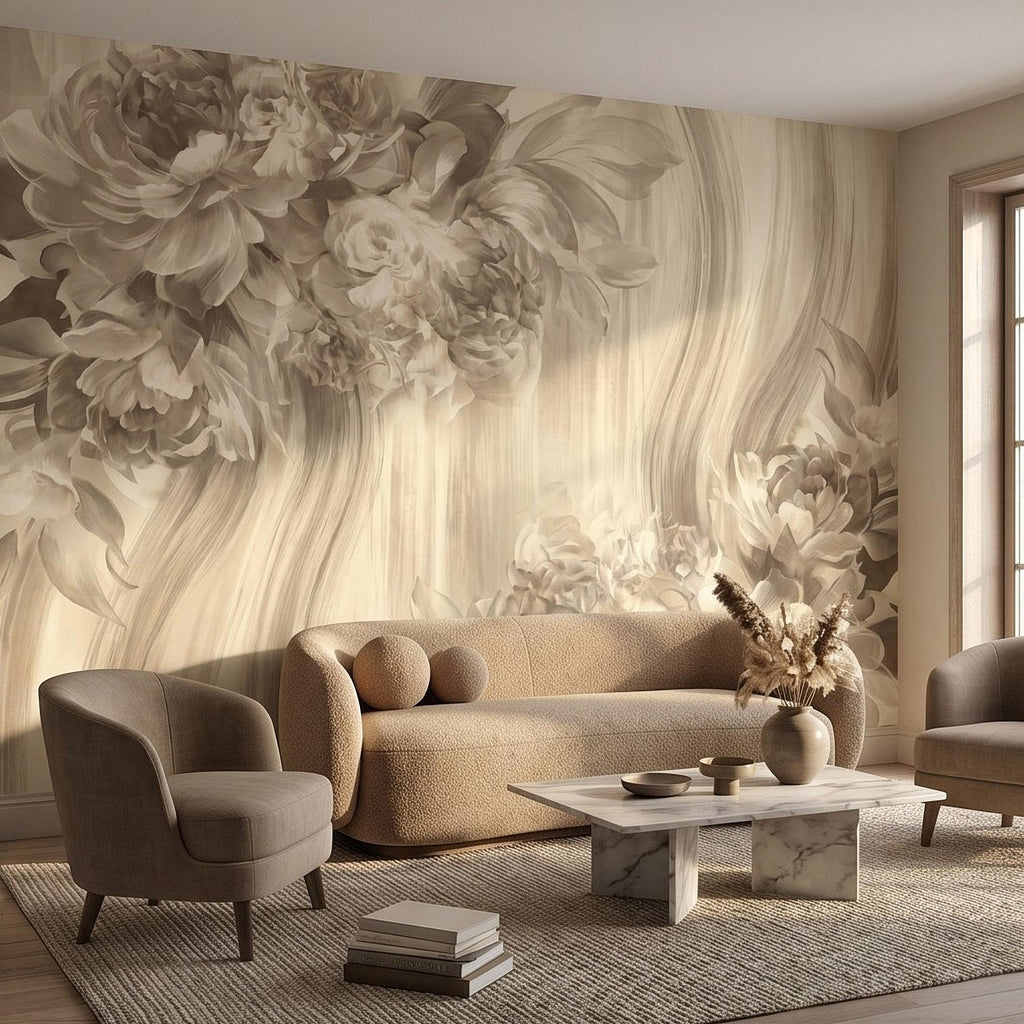 Luxury Neutral Peony Peel and Stick Wall Mural, Classic Beige Floral Painting, Elegant Vintage Wallpaper