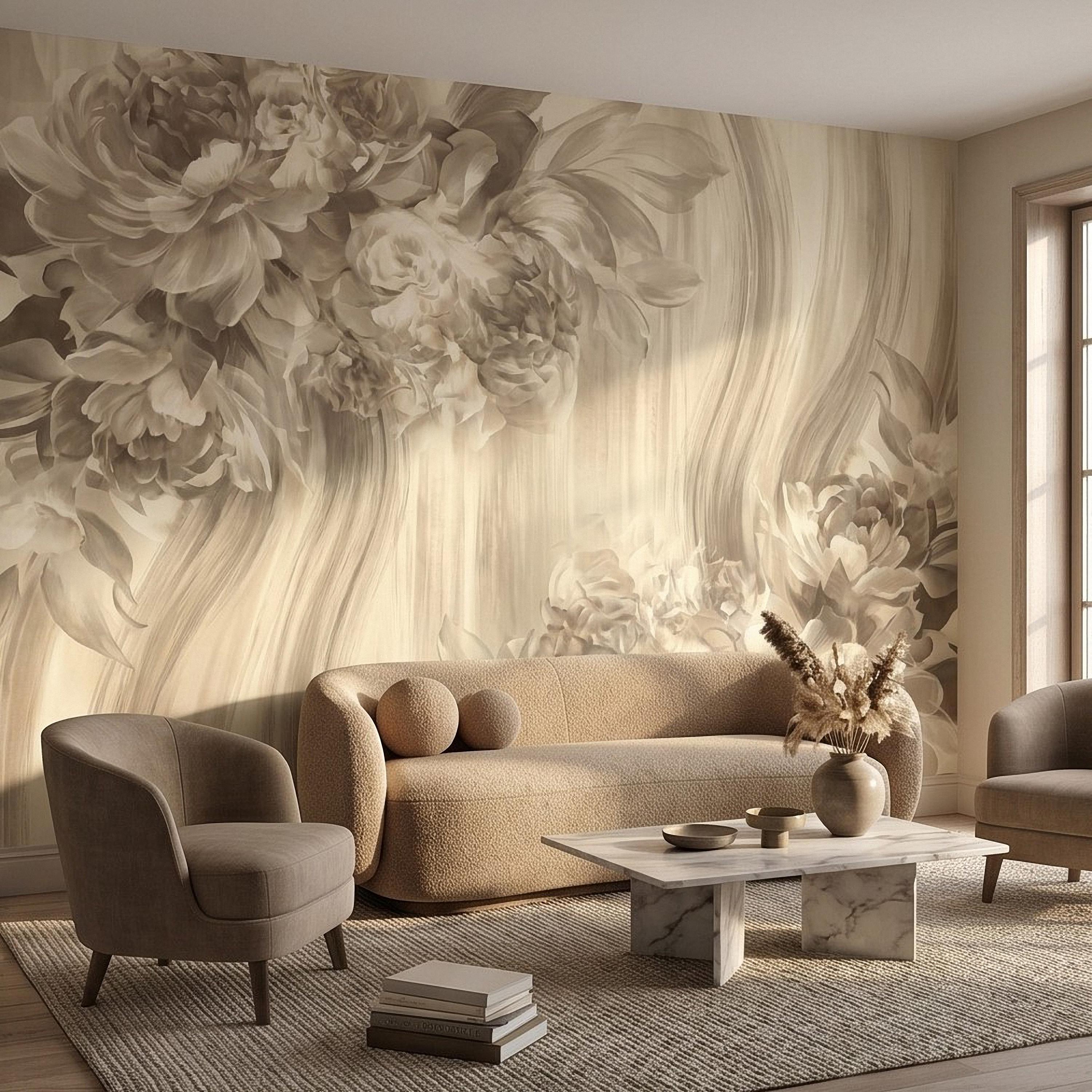 Luxury Neutral Peony Peel and Stick Wall Mural, Classic Beige Floral Painting, Elegant Vintage Wallpaper