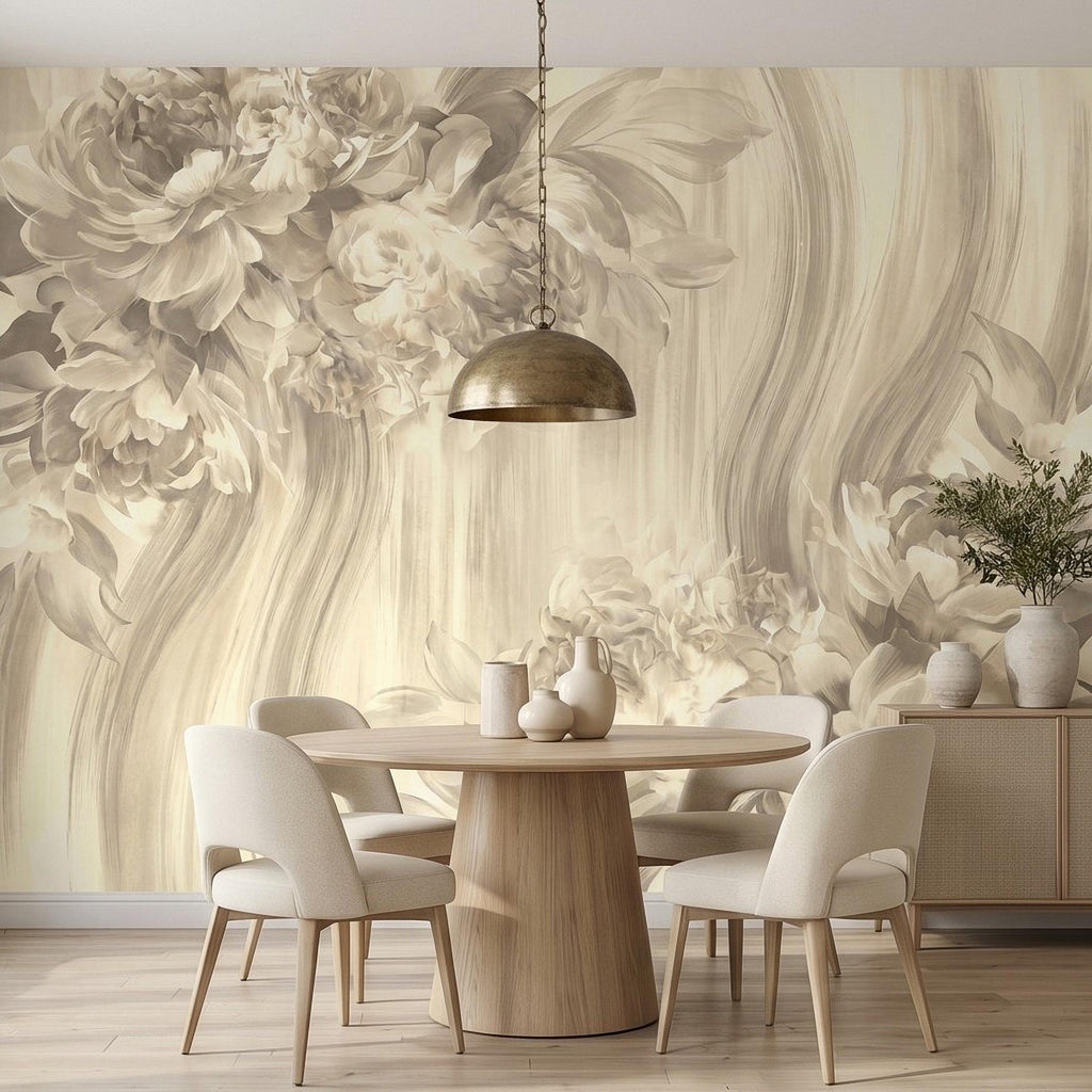 Luxury Neutral Peony Peel and Stick Wall Mural, Classic Beige Floral Painting, Elegant Vintage Wallpaper