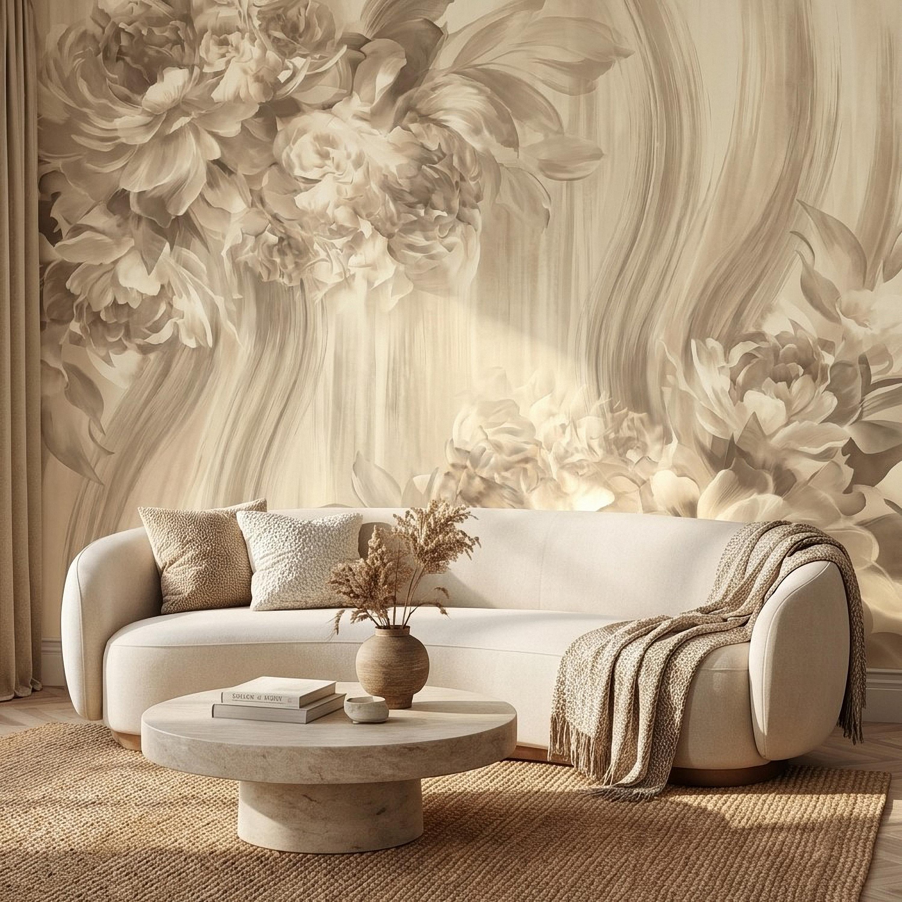 Luxury Neutral Peony Peel and Stick Wall Mural, Classic Beige Floral Painting, Elegant Vintage Wallpaper