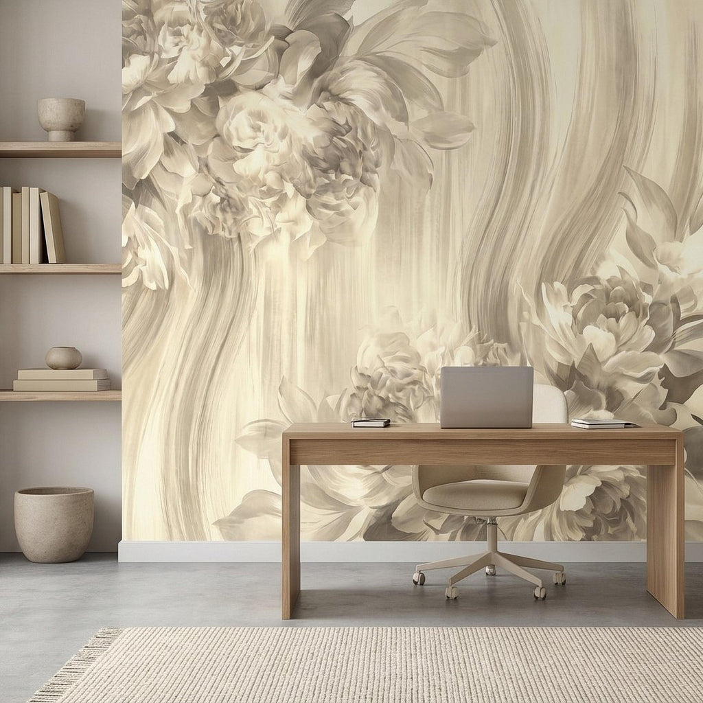 Luxury Neutral Peony Peel and Stick Wall Mural, Classic Beige Floral Painting, Elegant Vintage Wallpaper