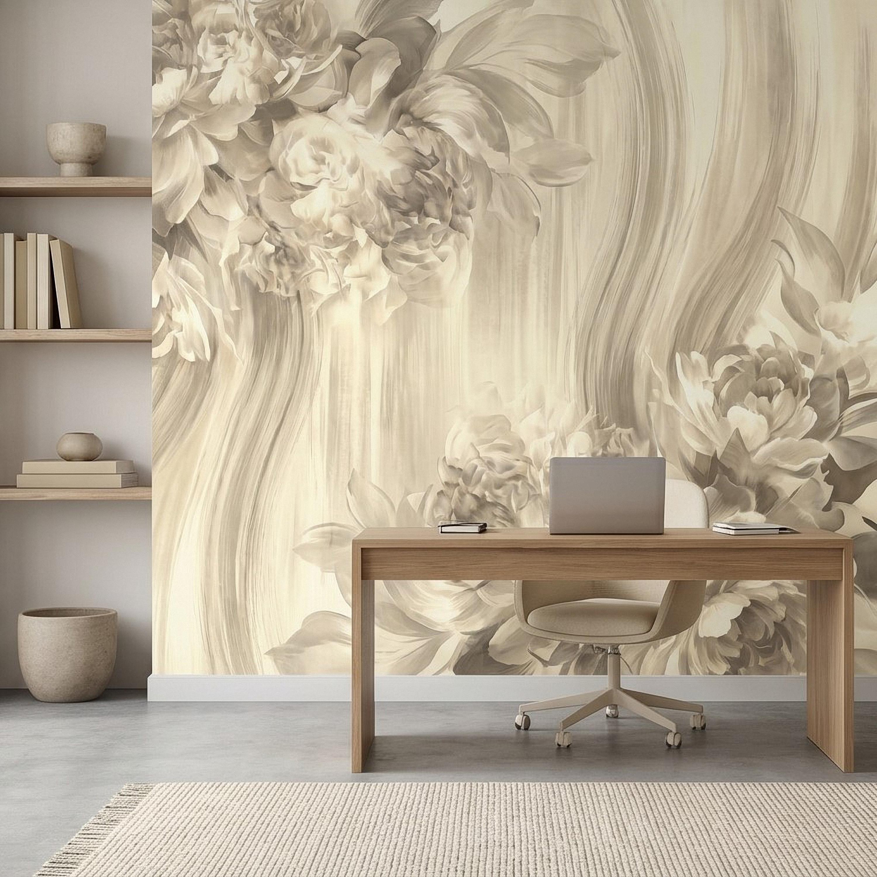 Luxury Neutral Peony Peel and Stick Wall Mural, Classic Beige Floral Painting, Elegant Vintage Wallpaper